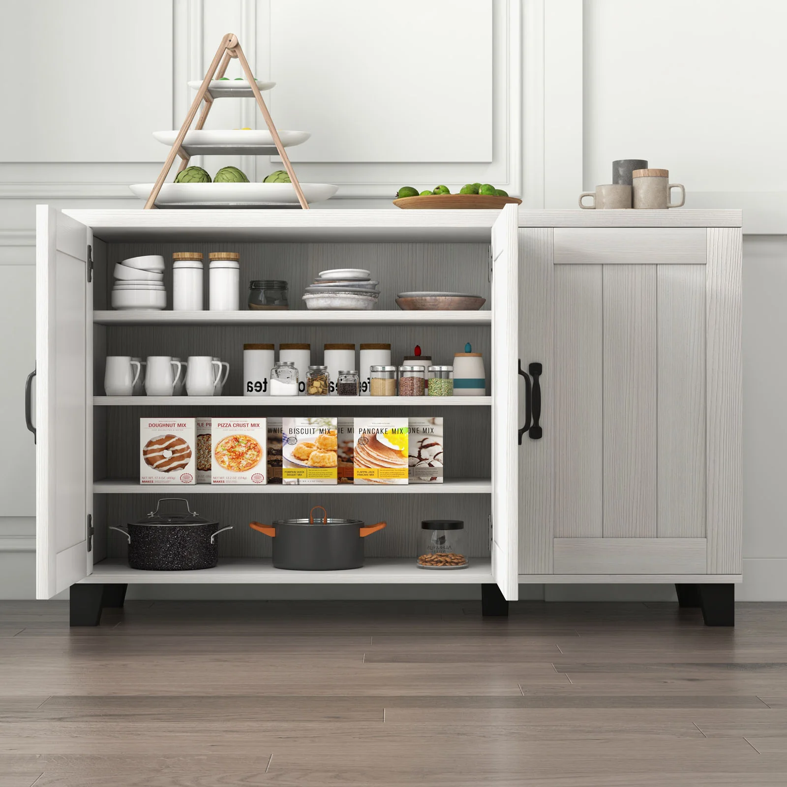 3-Door Buffet Sideboard, Adjustable Shelves, Anti-Tipping Kits, White Wash, White - Image 3