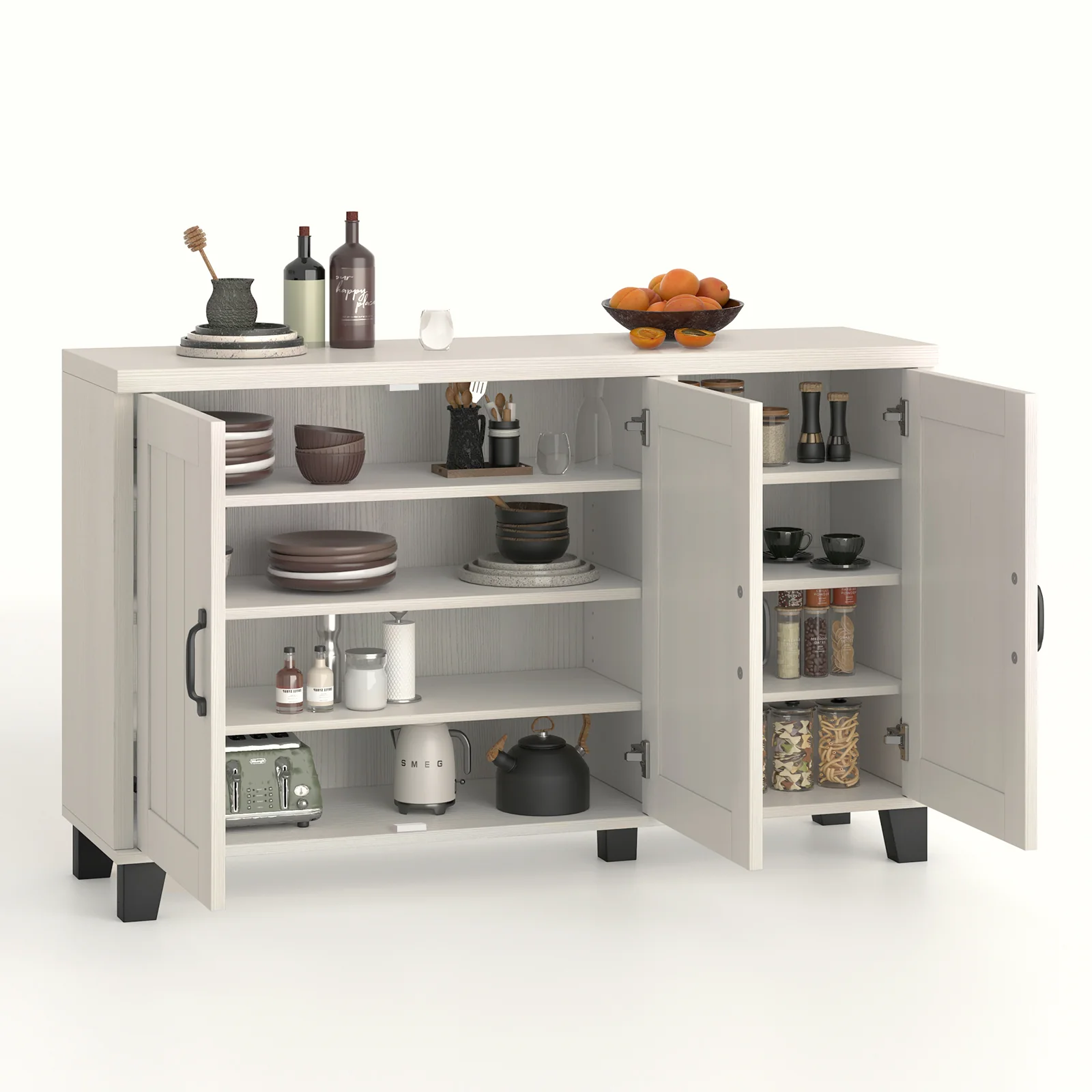 3-Door Buffet Sideboard, Adjustable Shelves, Anti-Tipping Kits, White Wash, White - Image 5