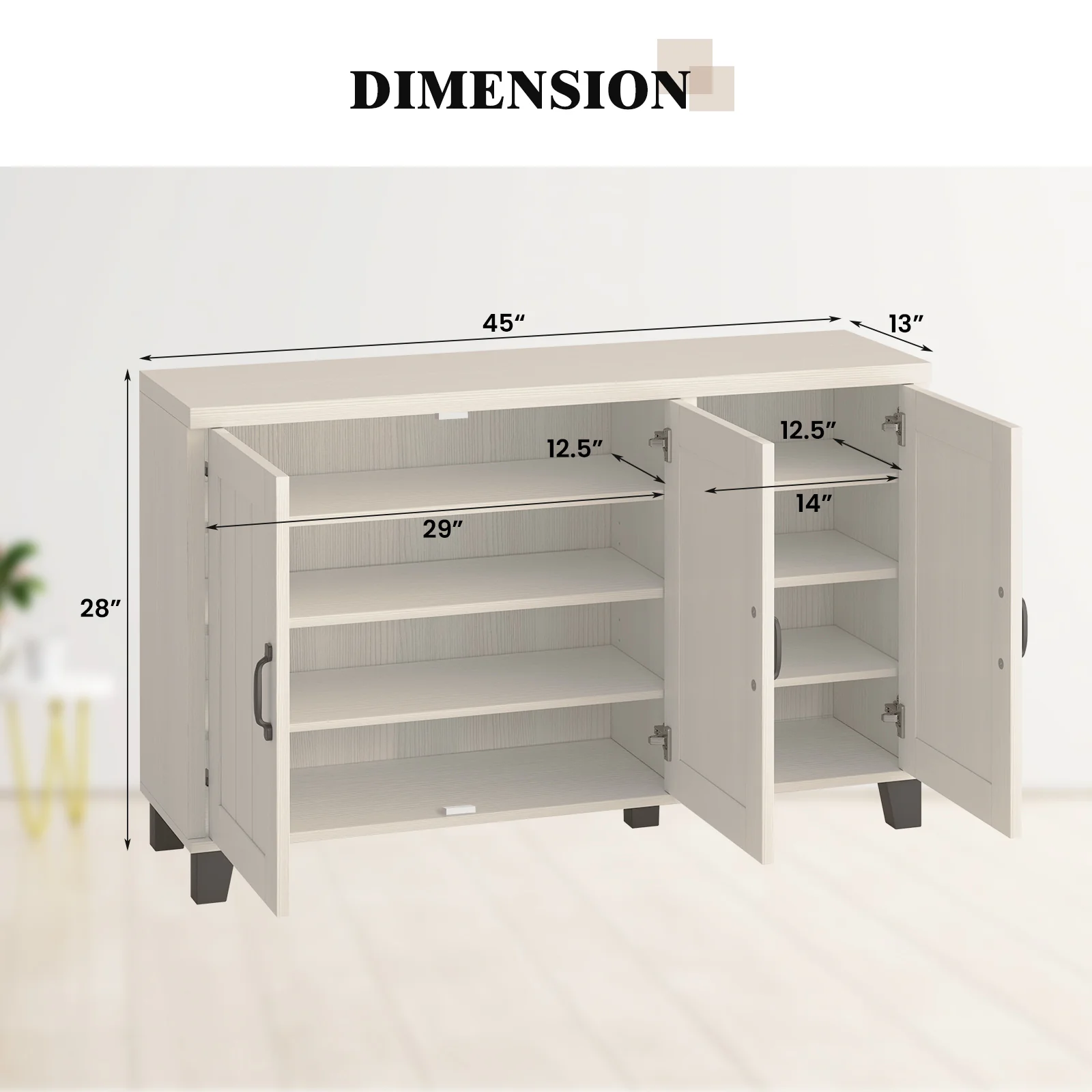 3-Door Buffet Sideboard, Adjustable Shelves, Anti-Tipping Kits, White Wash, White - Image 6