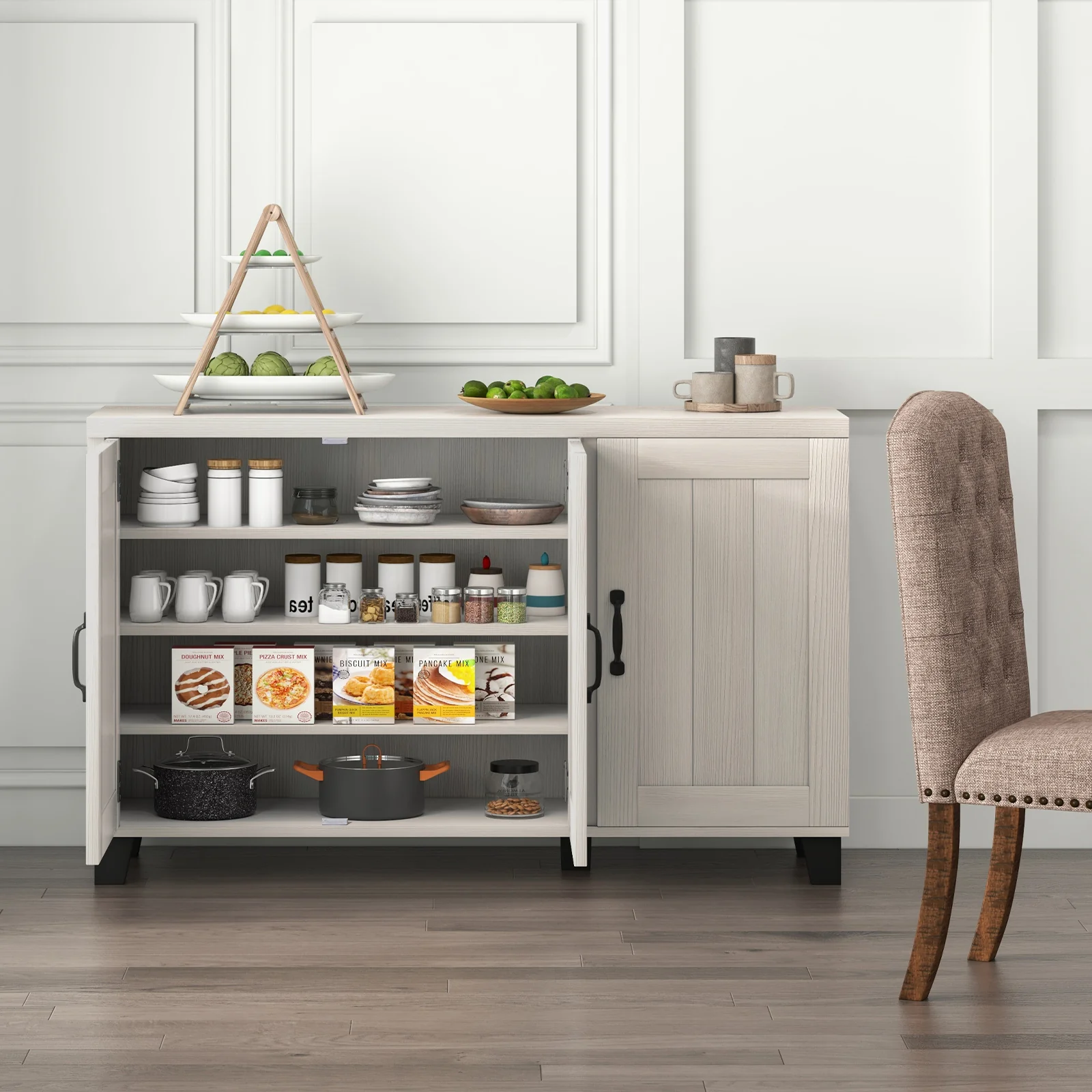 3-Door Buffet Sideboard, Adjustable Shelves, Anti-Tipping Kits, White Wash, White - Image 7