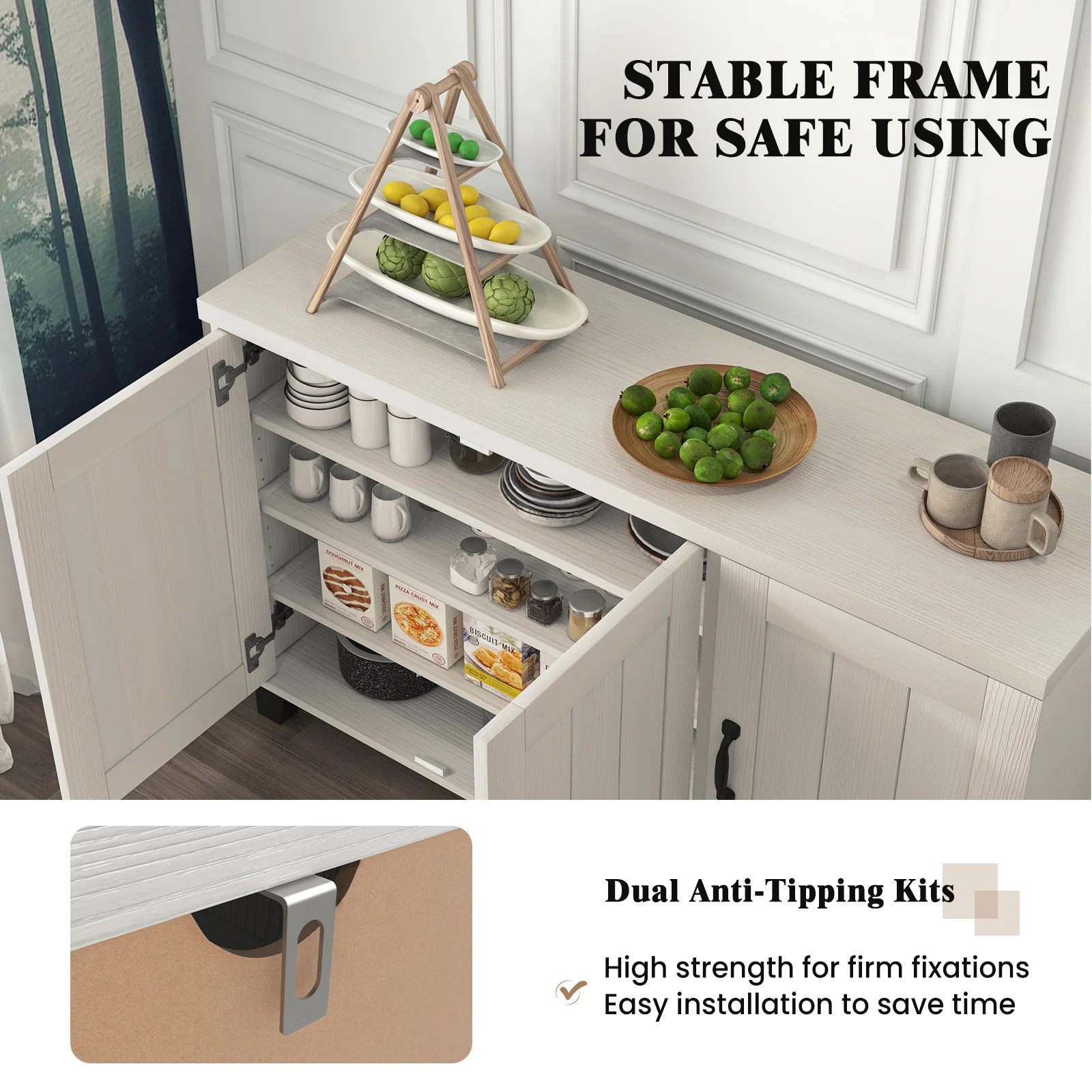 3-Door Buffet Sideboard, Adjustable Shelves, Anti-Tipping Kits, White Wash, White - Image 9