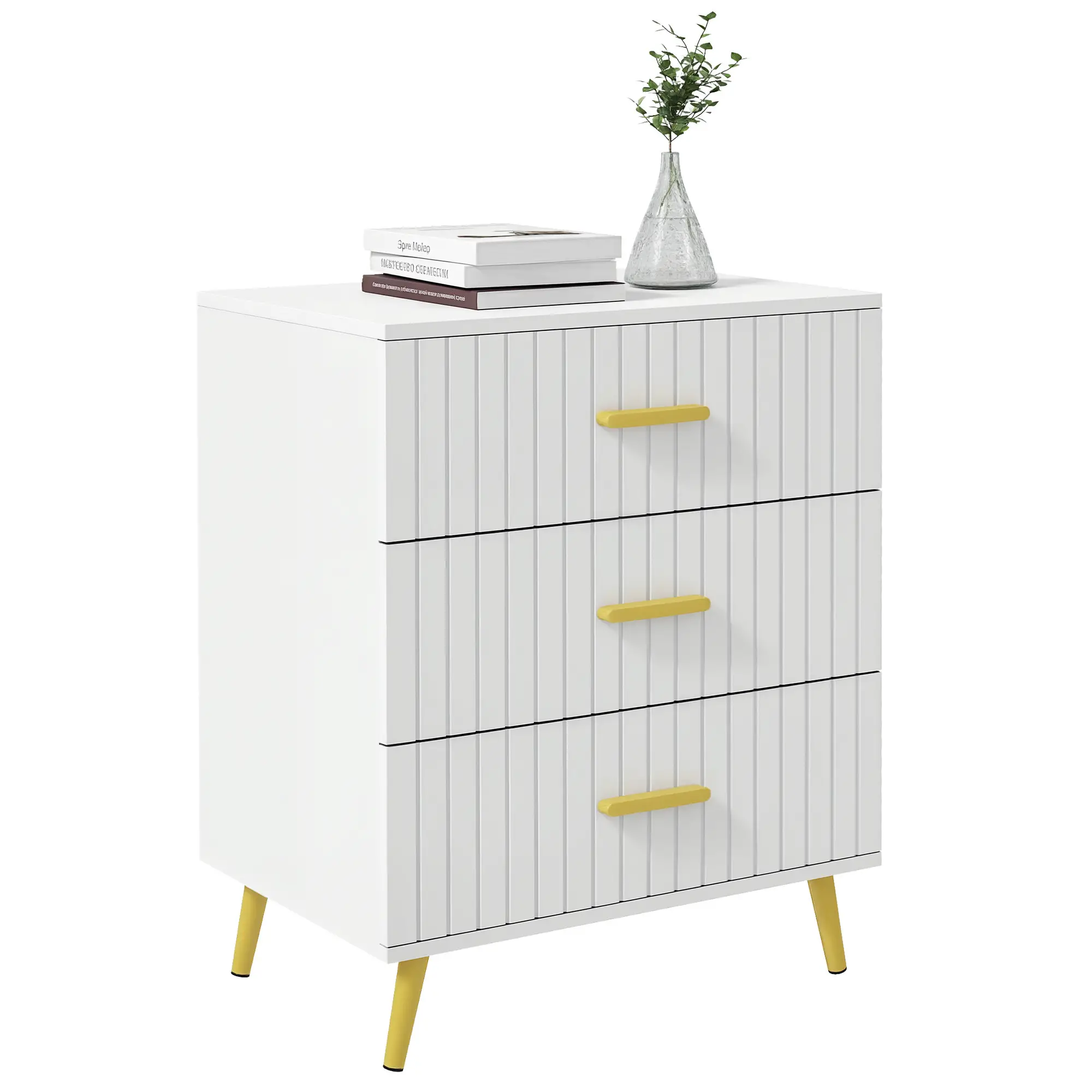 3 Drawer Cabinet, Bedroom Chest of Drawers, Aluminium Legs, Gold Handles, White - Image 11
