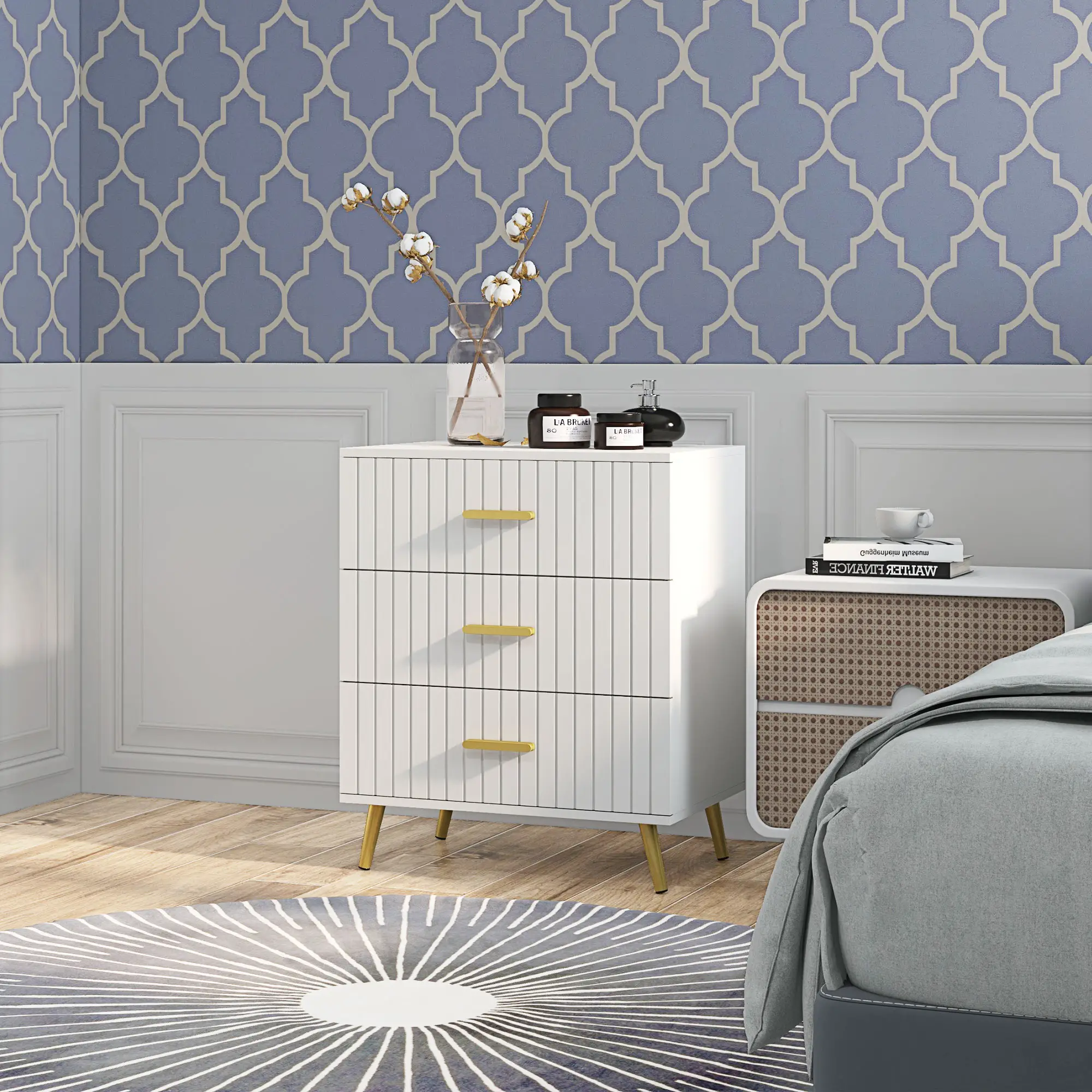 3 Drawer Cabinet, Bedroom Chest of Drawers, Aluminium Legs, Gold Handles, White - Image 2