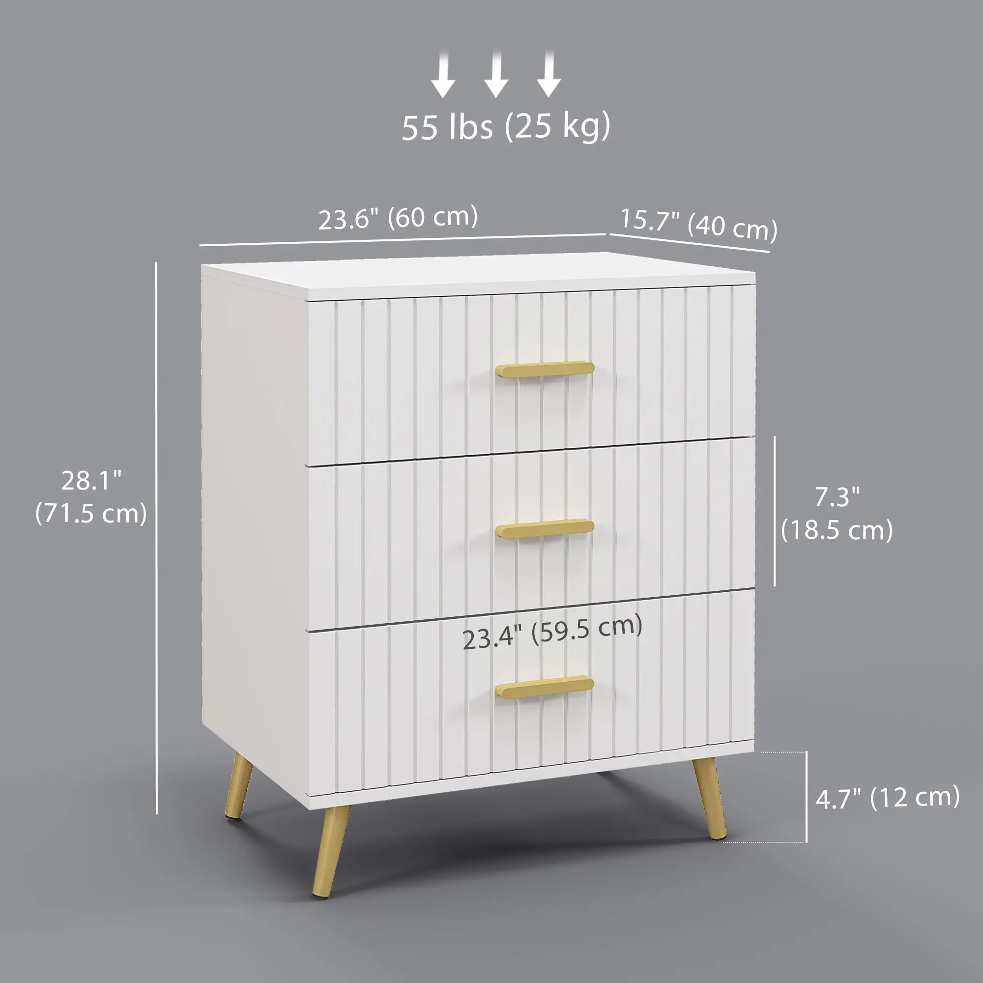 3 Drawer Cabinet, Bedroom Chest of Drawers, Aluminium Legs, Gold Handles, White - Image 3