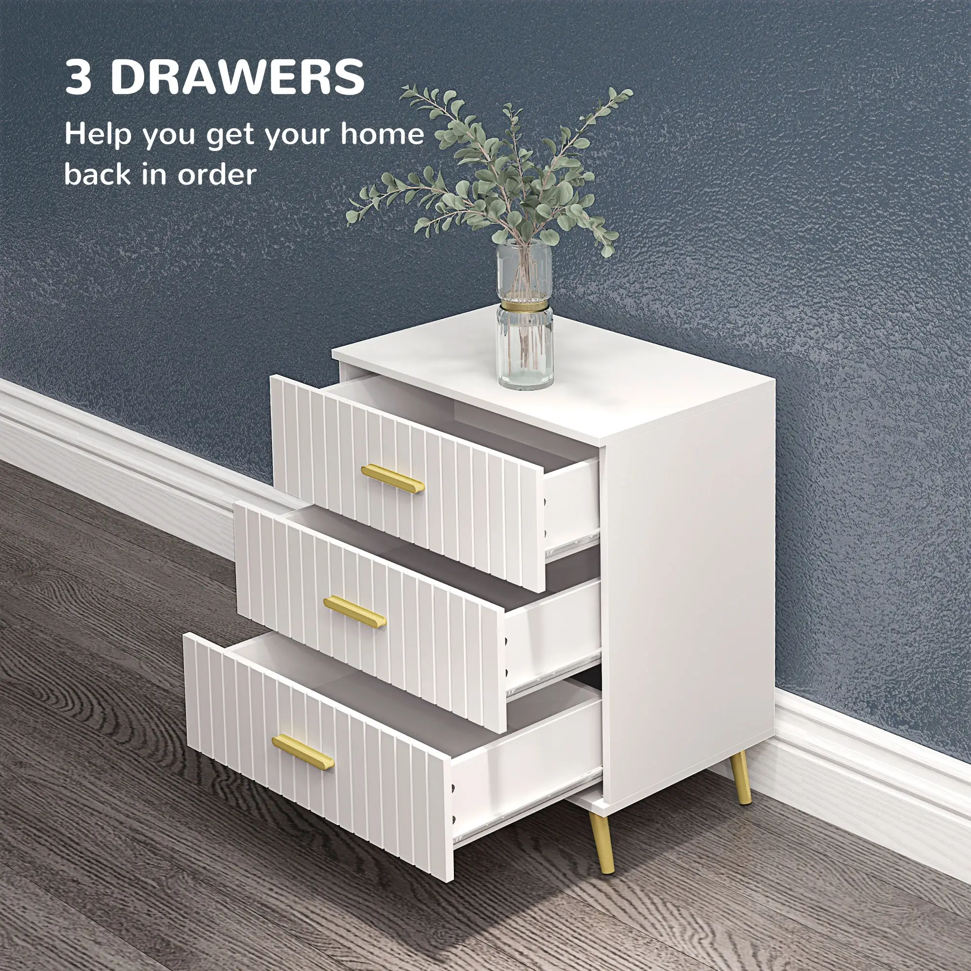 3 Drawer Cabinet, Bedroom Chest of Drawers, Aluminium Legs, Gold Handles, White - Image 4