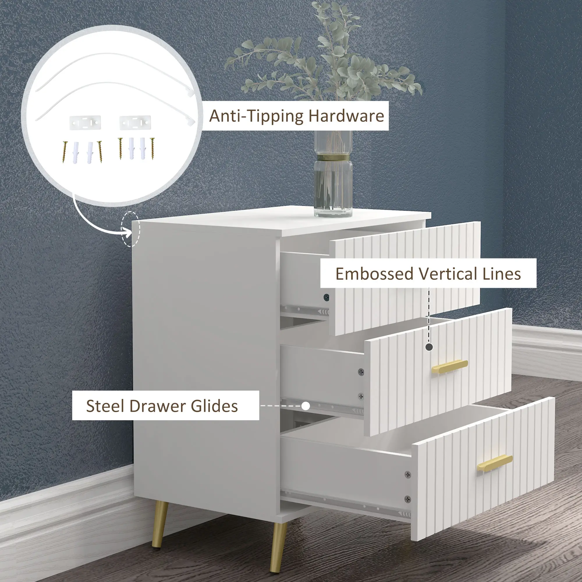 3 Drawer Cabinet, Bedroom Chest of Drawers, Aluminium Legs, Gold Handles, White - Image 6