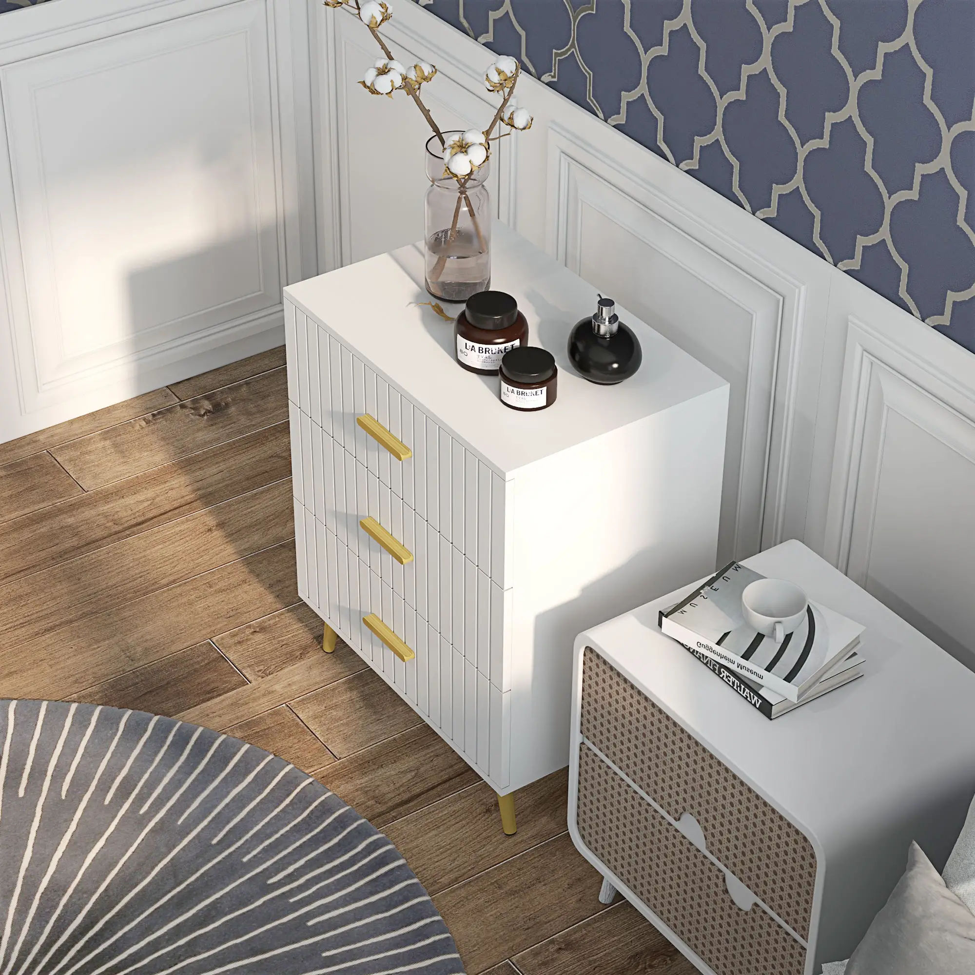 3 Drawer Cabinet, Bedroom Chest of Drawers, Aluminium Legs, Gold Handles, White - Image 7