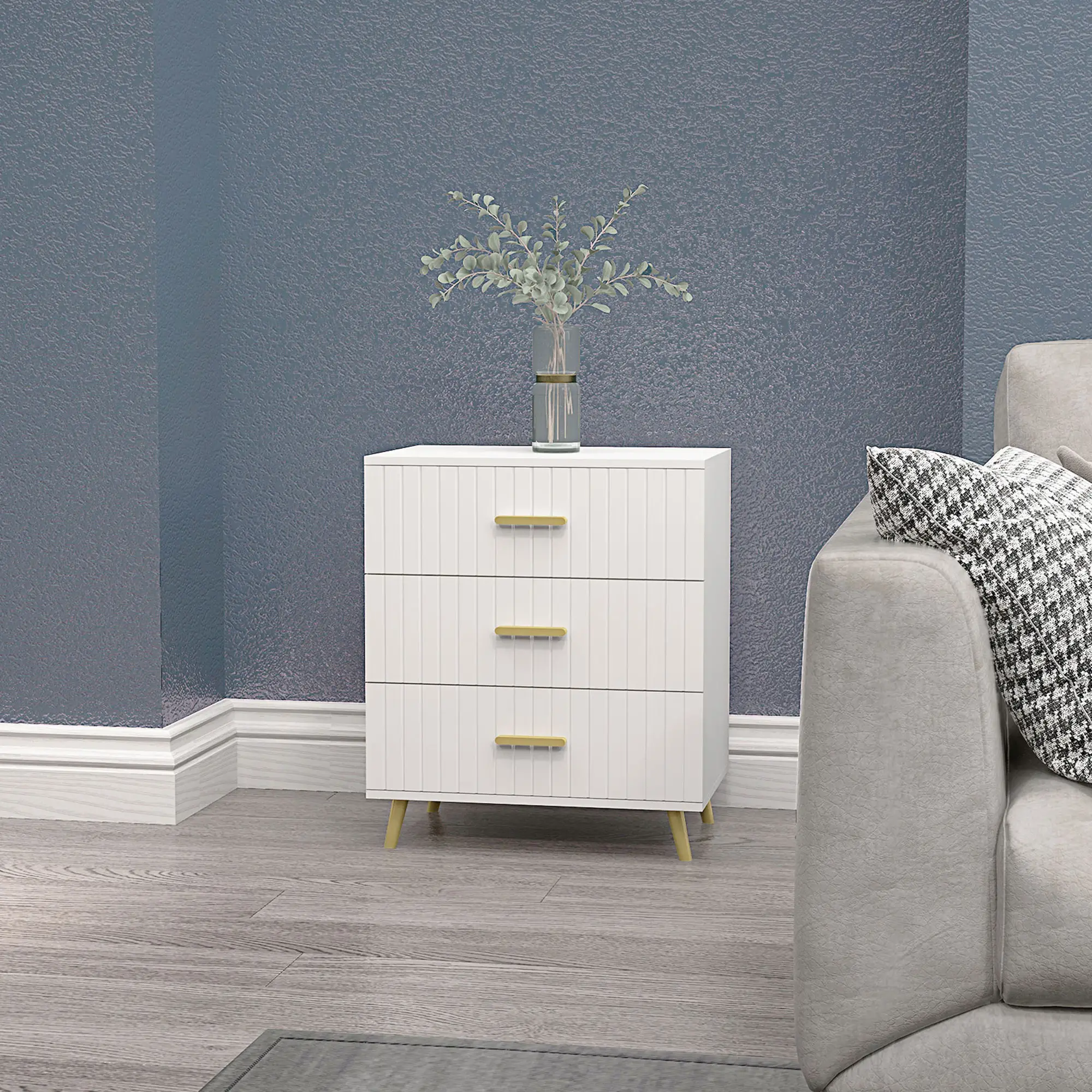 3 Drawer Cabinet, Bedroom Chest of Drawers, Aluminium Legs, Gold Handles, White - Image 8