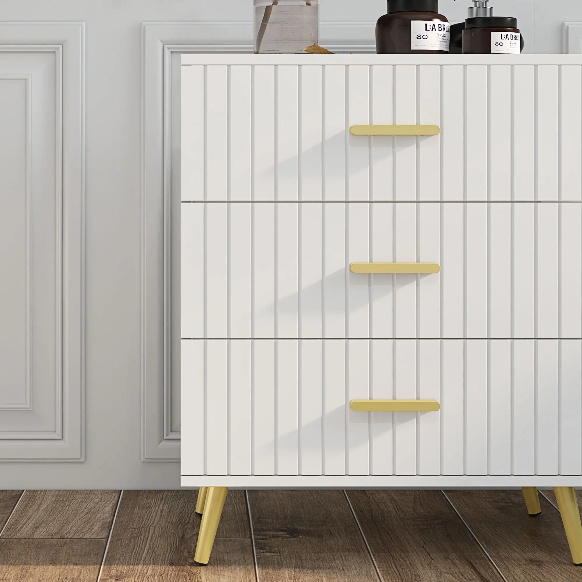 3 Drawer Cabinet, Bedroom Chest of Drawers, Aluminium Legs, Gold Handles, White - Image 9