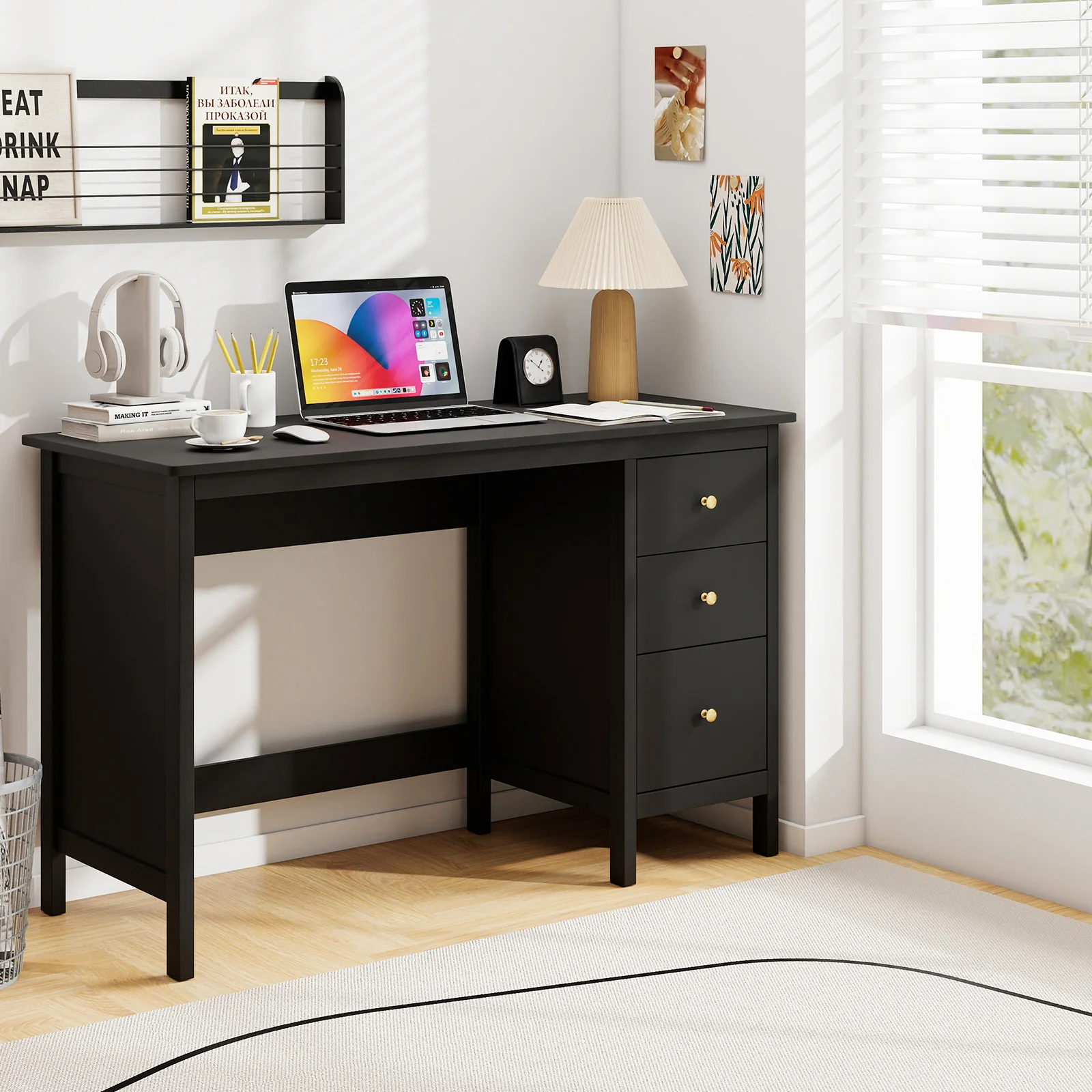3-Drawer Computer Desk, Spacious Desktop, Black - Image 2
