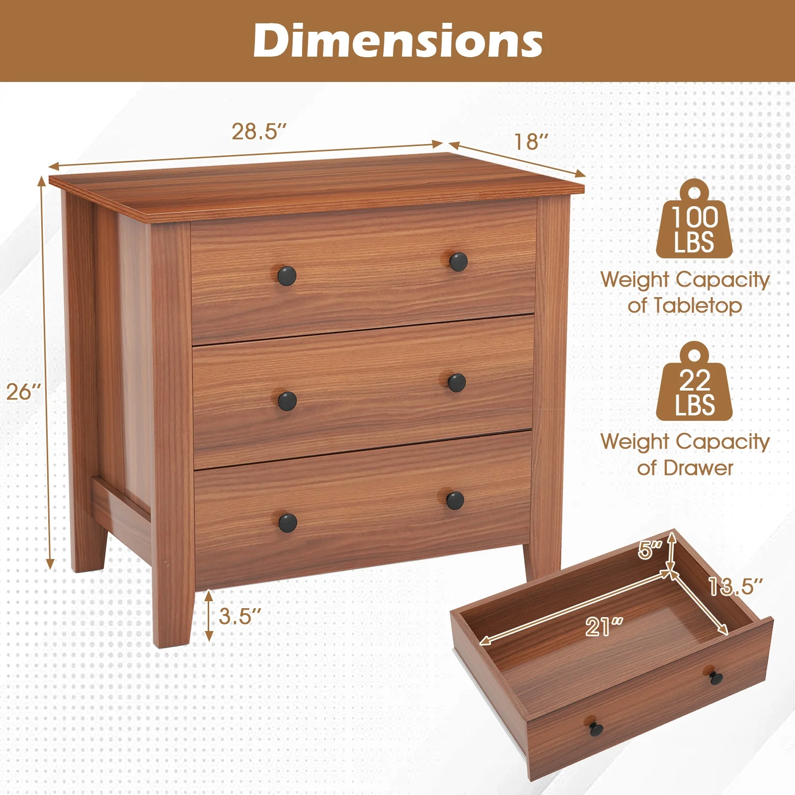 3 Drawer Dresser Chest, Walnut - Image 6