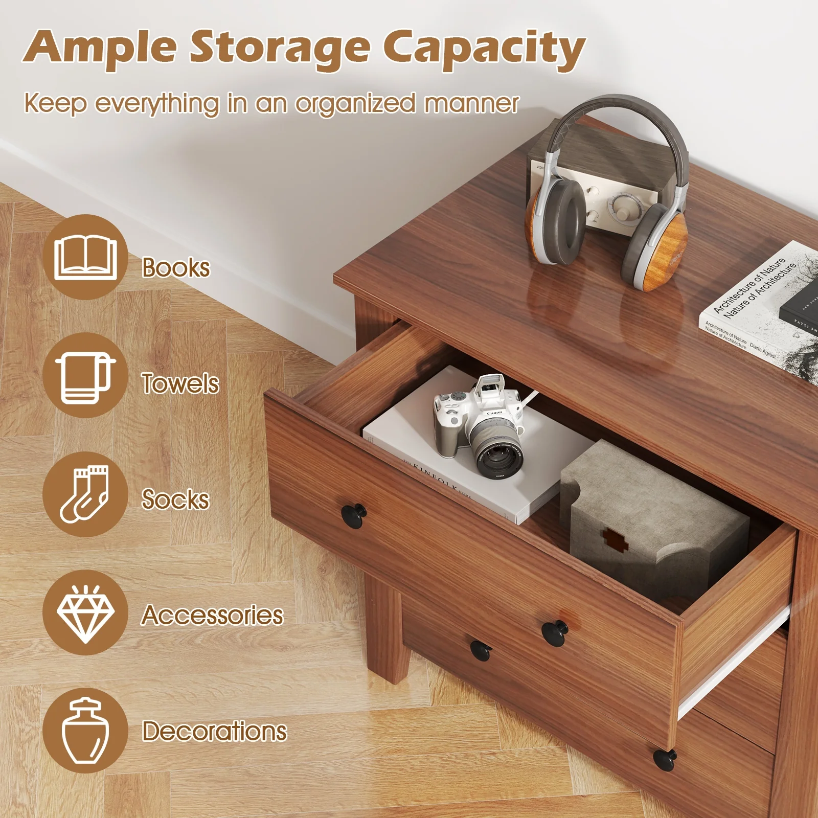 3 Drawer Dresser Chest, Walnut - Image 7