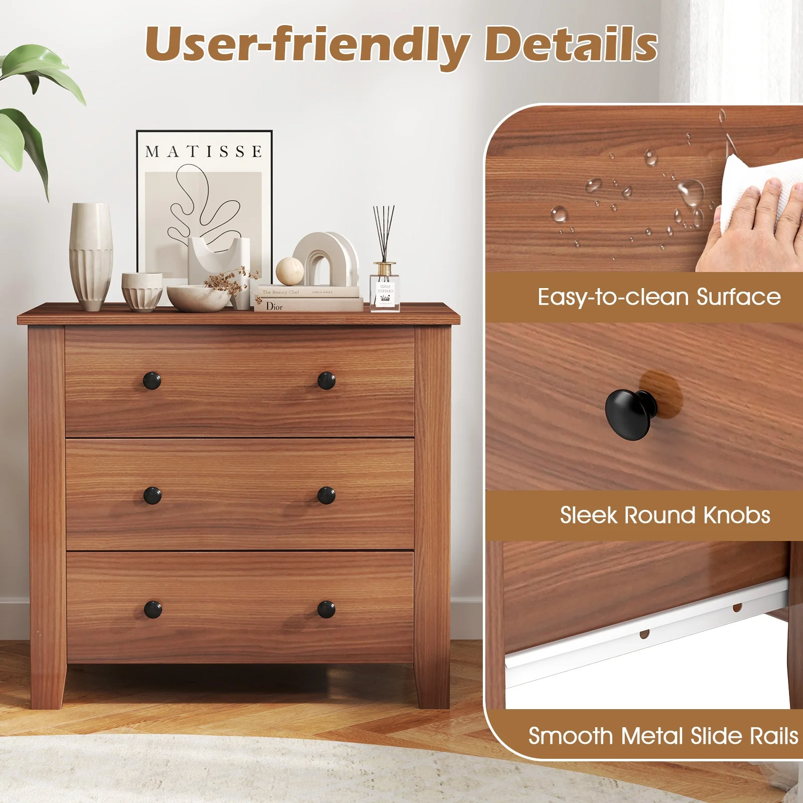 3 Drawer Dresser Chest, Walnut - Image 9