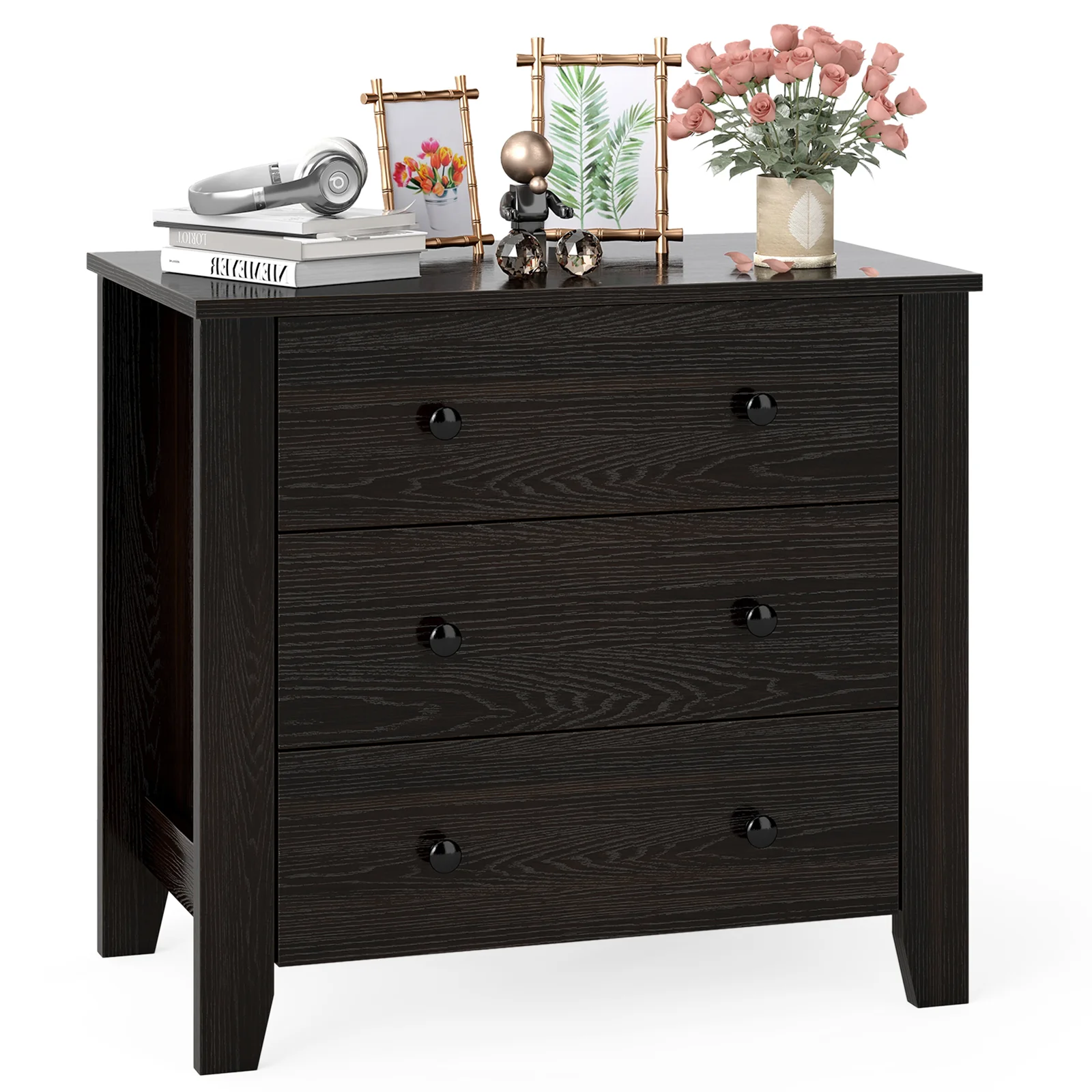 3-Drawer Dresser, Modern Large Nightstand, Dark Brown - Image 5