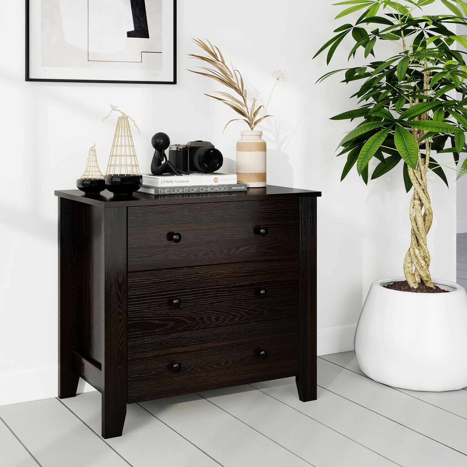 3-Drawer Dresser, Modern Large Nightstand, Dark Brown - Image 7
