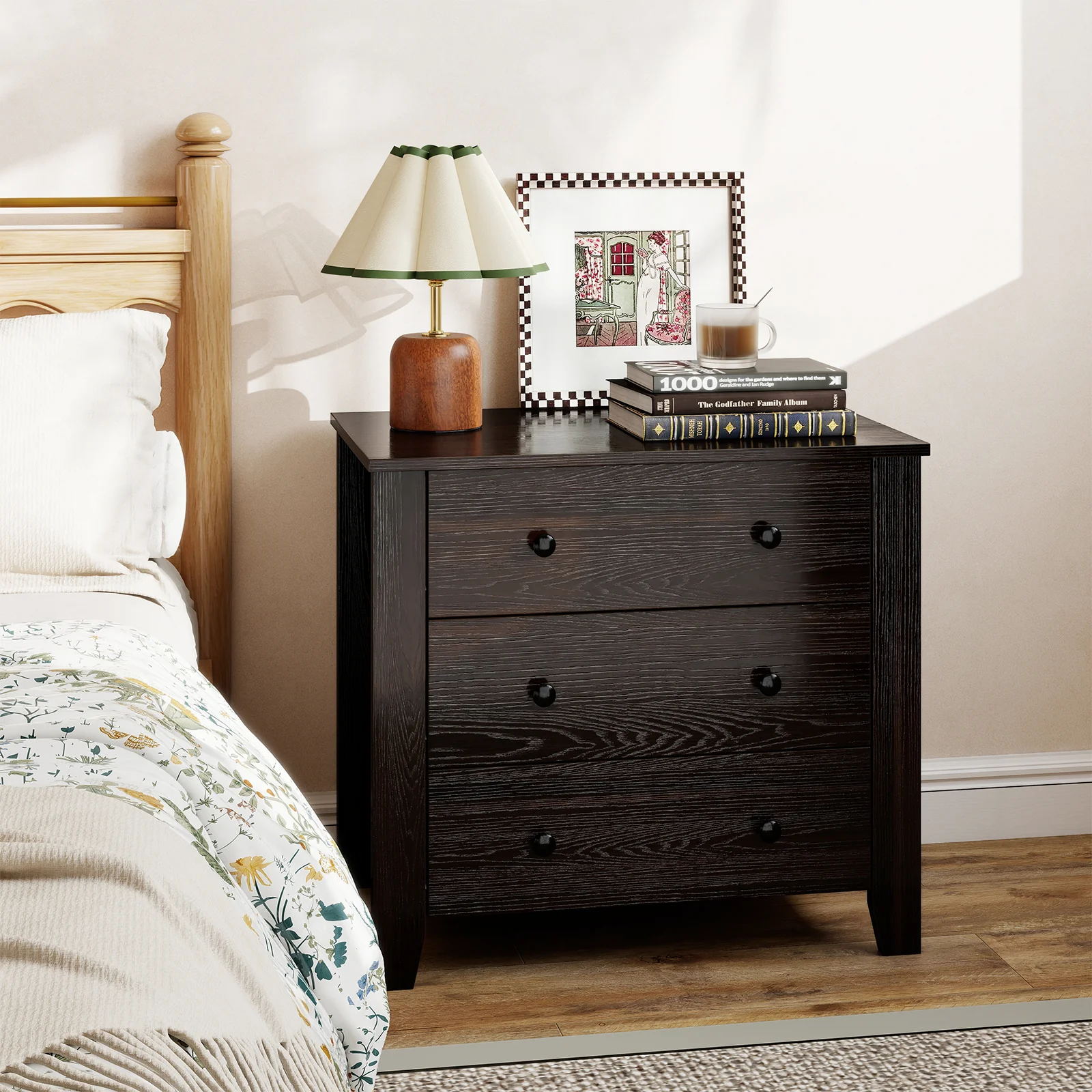 3-Drawer Dresser, Modern Large Nightstand, Dark Brown - Image 8