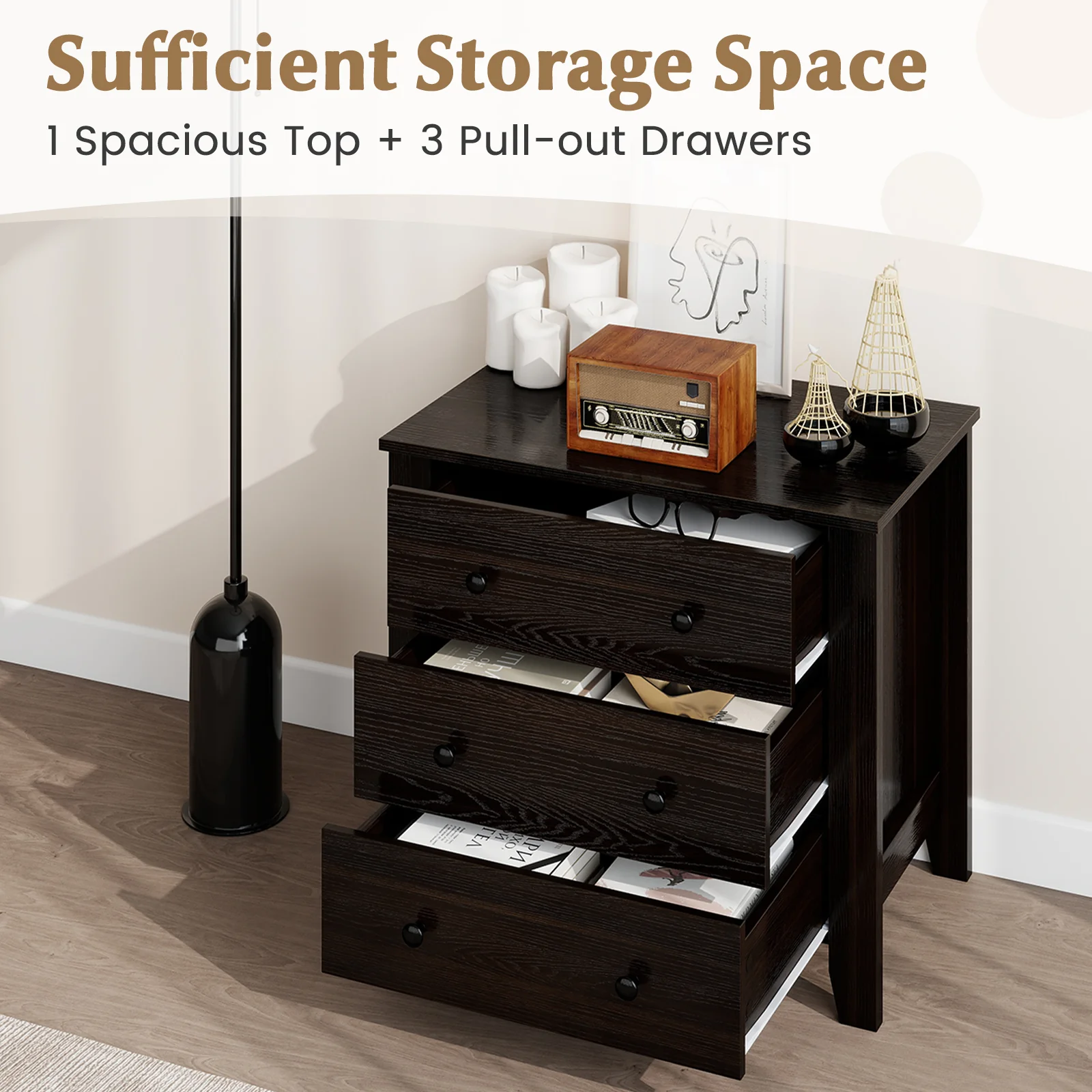 3-Drawer Dresser, Modern Large Nightstand, Dark Brown - Image 9