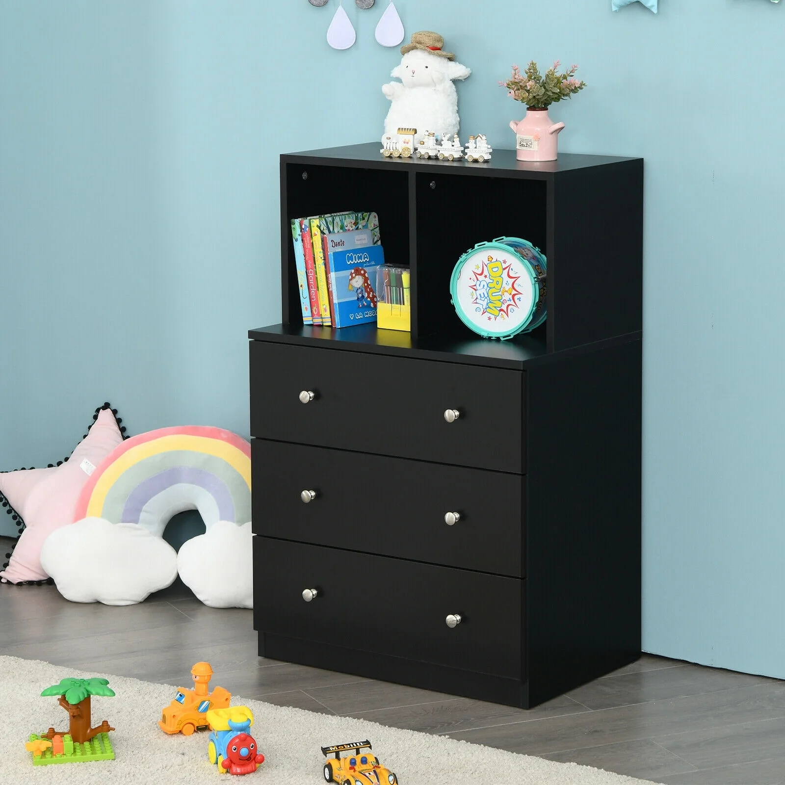 3 Drawer Dresser With Cubbies Storage Chest, Black - Image 10