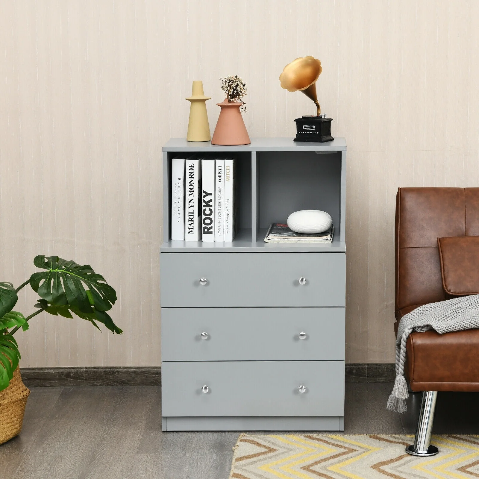 3 Drawer Dresser with Cubbies Storage Chest for Bedroom Living Room, Gray - Image 3