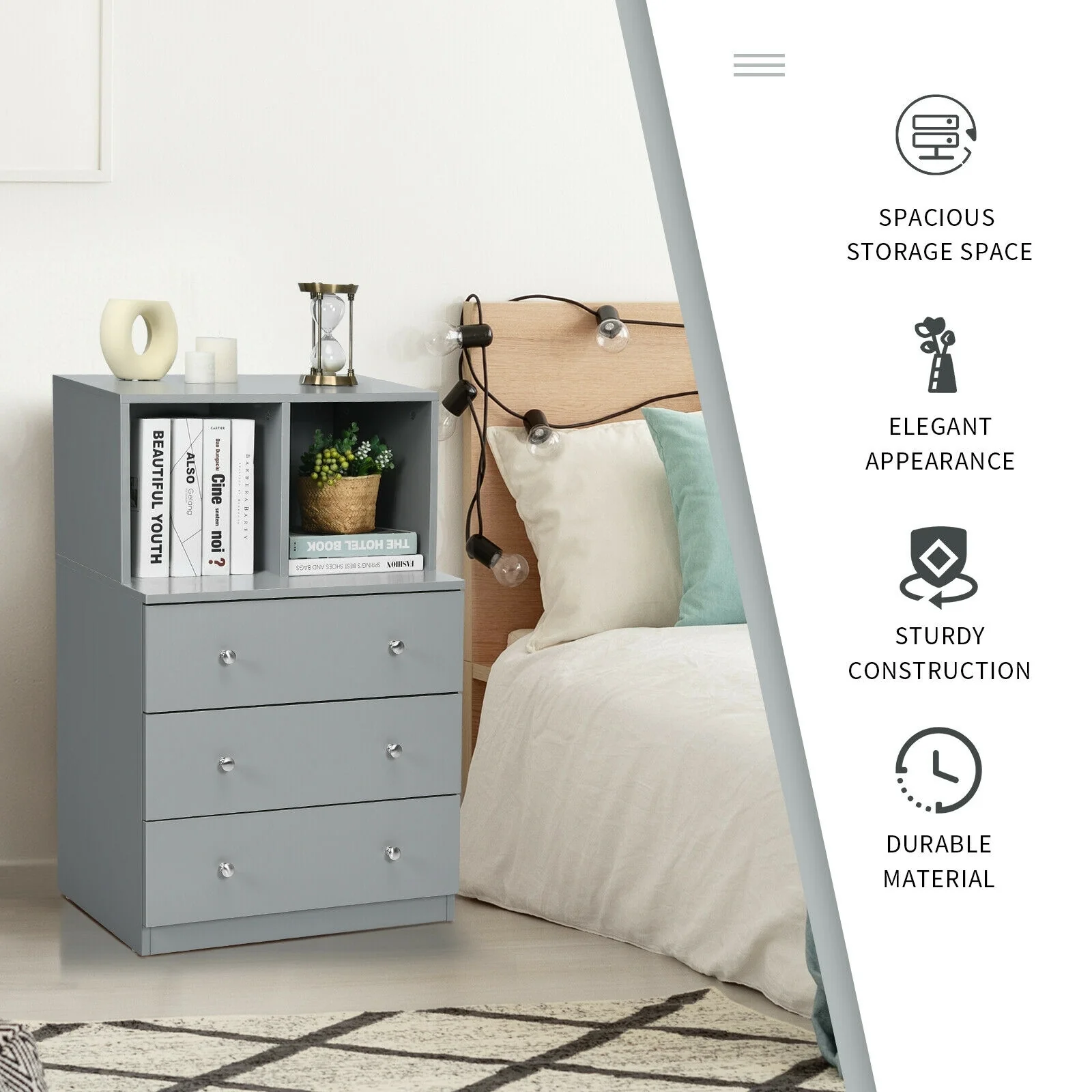 3 Drawer Dresser with Cubbies Storage Chest for Bedroom Living Room, Gray - Image 7