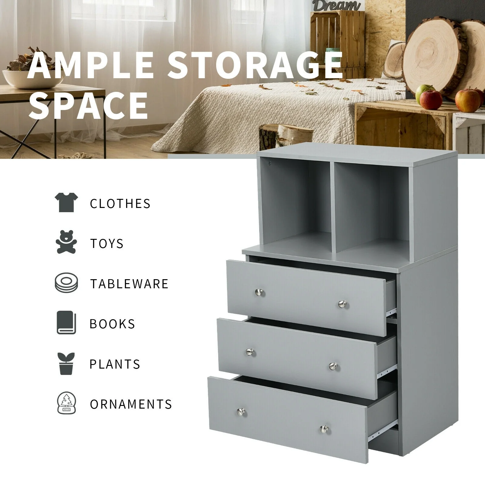 3 Drawer Dresser with Cubbies Storage Chest for Bedroom Living Room, Gray - Image 8