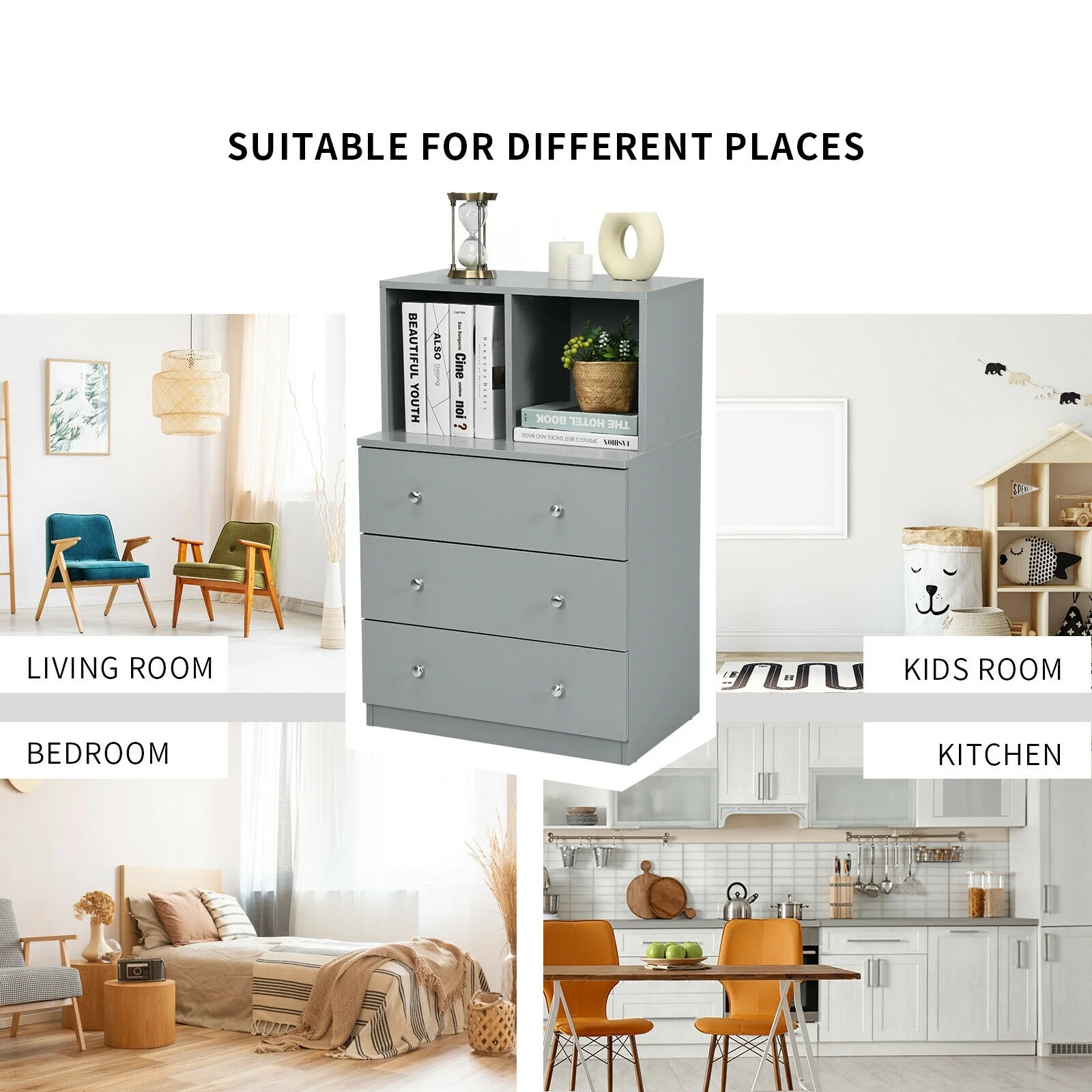 3 Drawer Dresser with Cubbies Storage Chest for Bedroom Living Room, Gray - Image 9