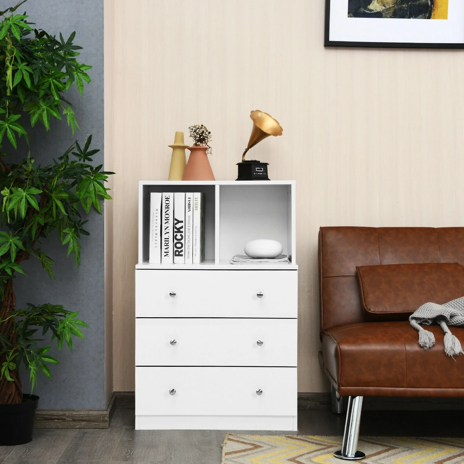 3 Drawer Dresser With Cubbies Storage Chest, White - Image 2