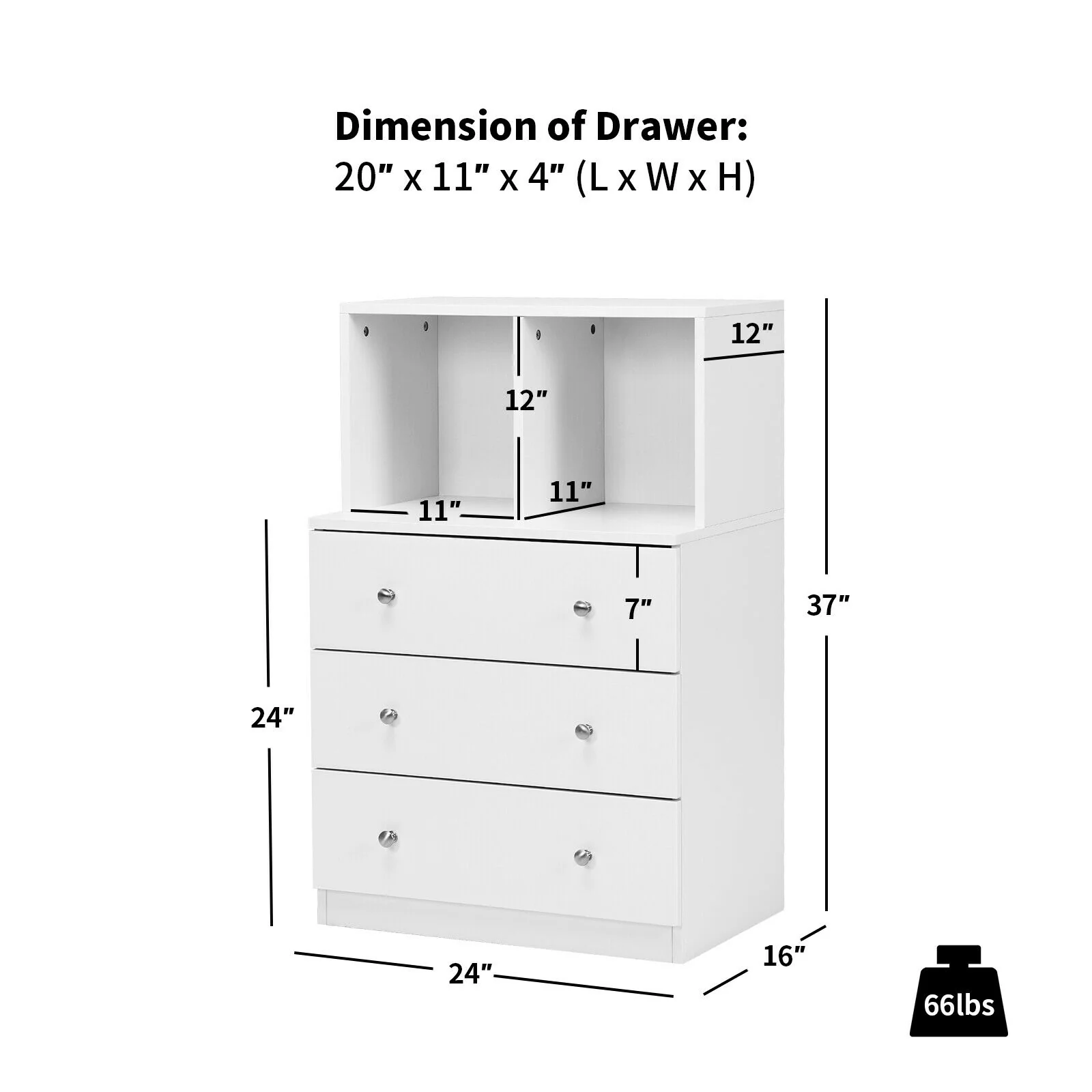 3 Drawer Dresser With Cubbies Storage Chest, White - Image 6