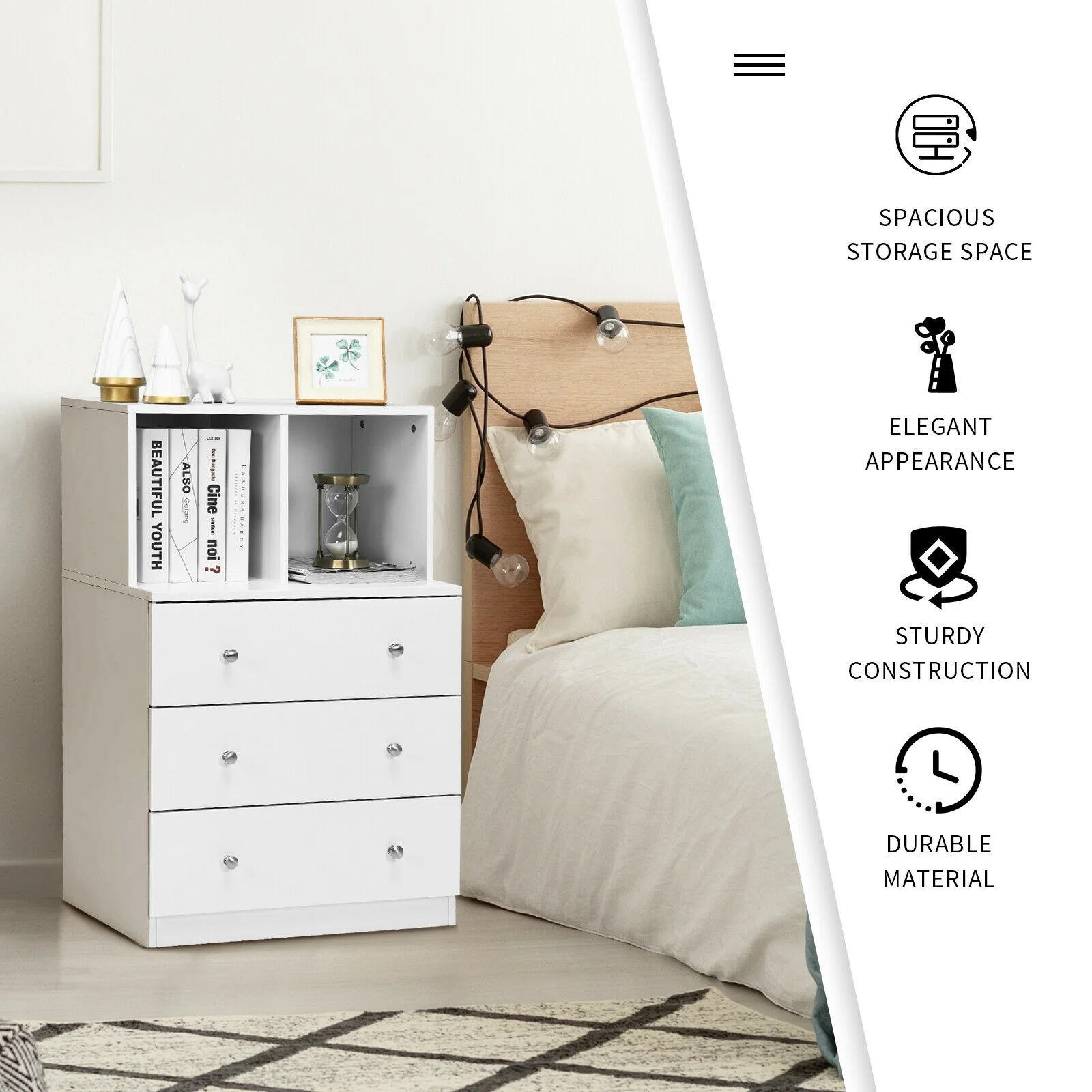 3 Drawer Dresser With Cubbies Storage Chest, White - Image 7