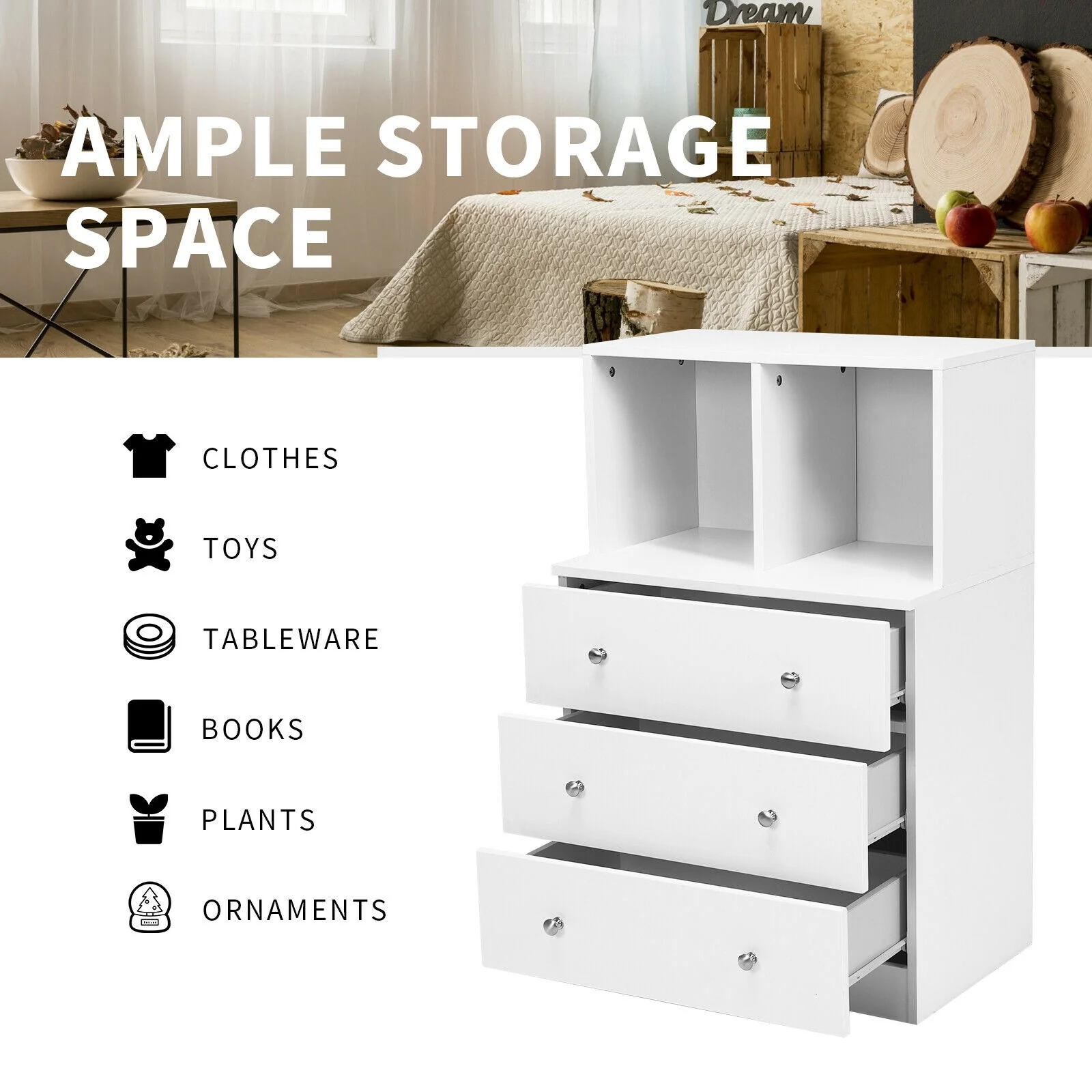 3 Drawer Dresser With Cubbies Storage Chest, White - Image 8
