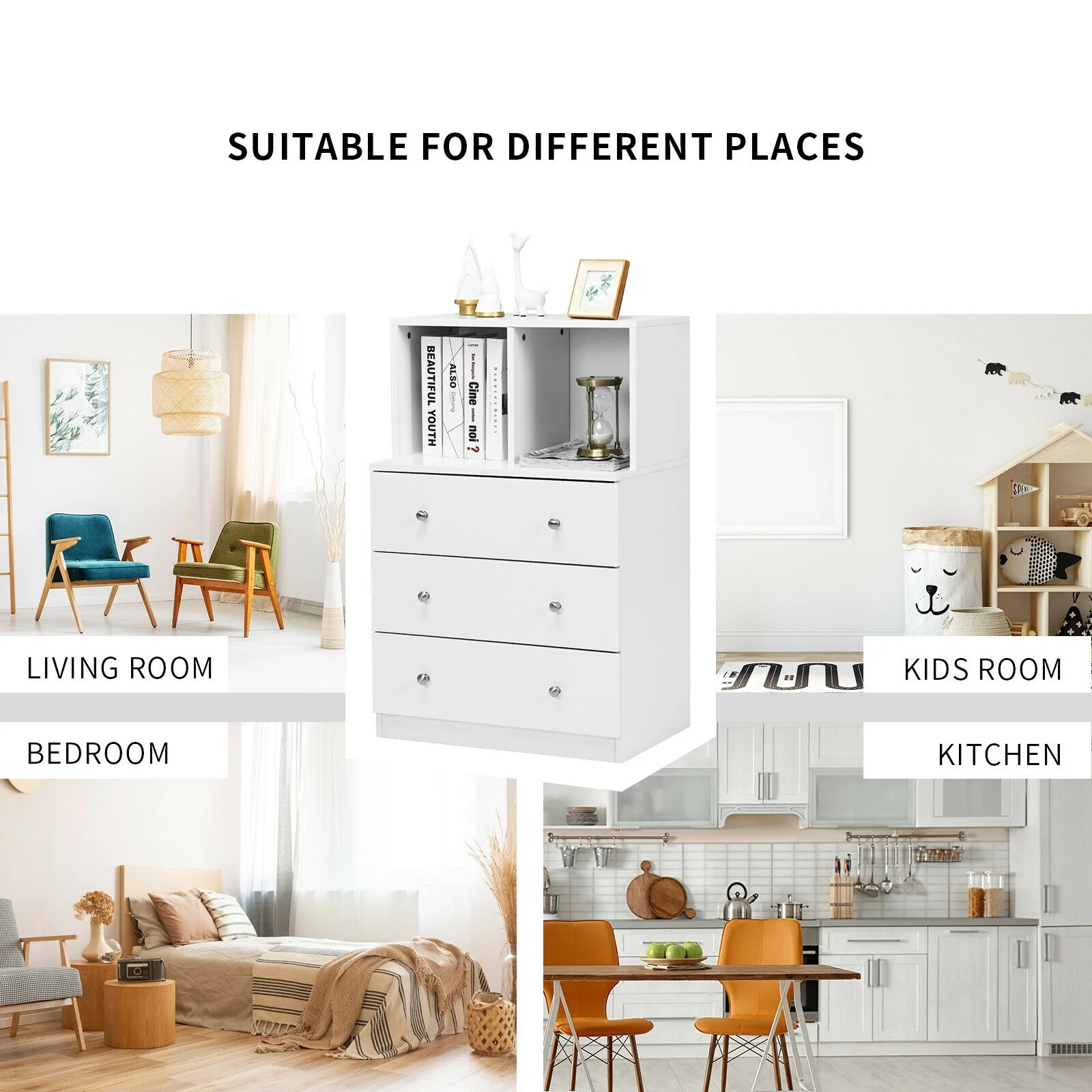 3 Drawer Dresser With Cubbies Storage Chest, White - Image 9