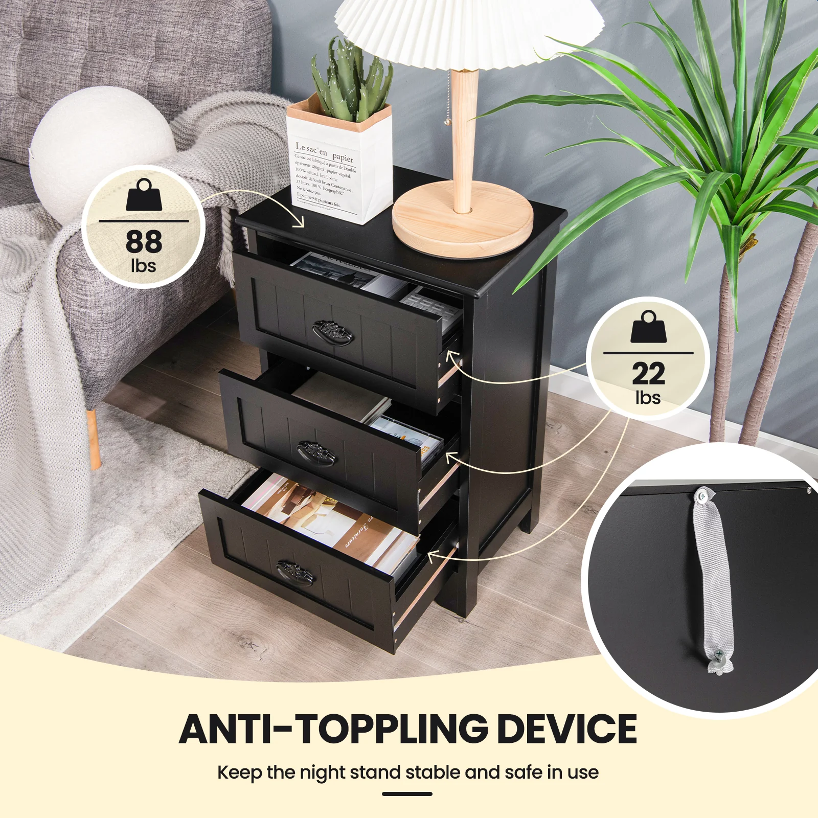 3 Drawer End Storage Wood Nightstand, Black - Image 10