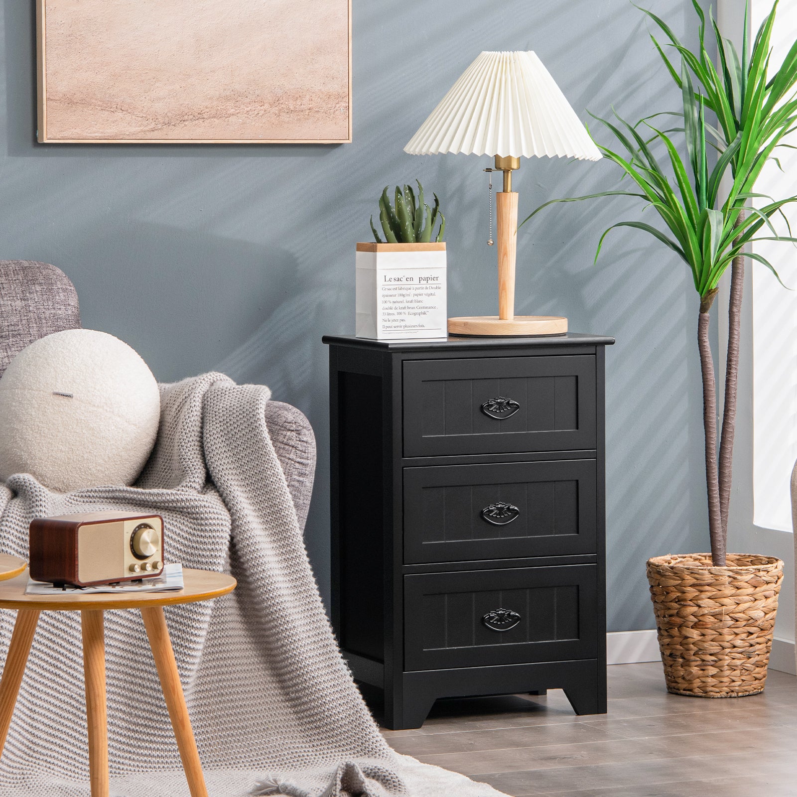 3 Drawer End Storage Wood Nightstand, Black - Image 2