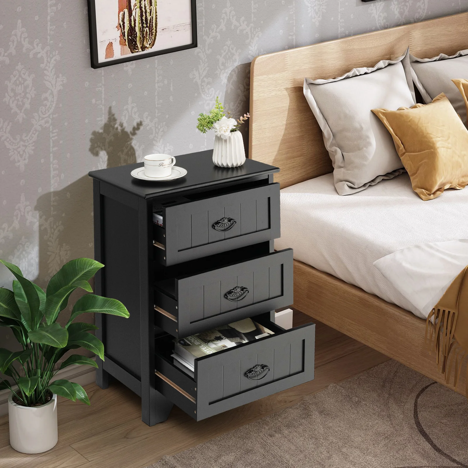 3 Drawer End Storage Wood Nightstand, Black - Image 3