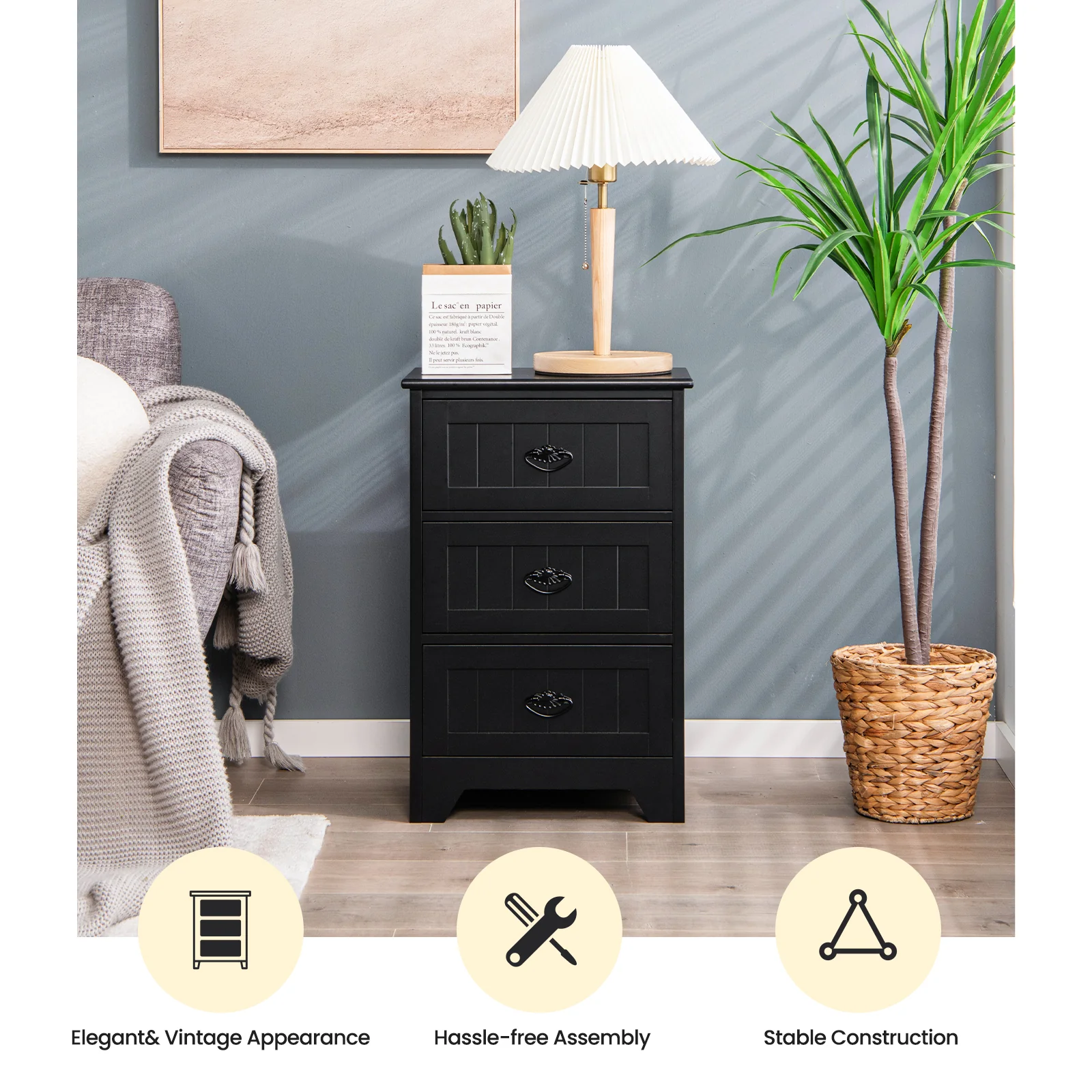 3 Drawer End Storage Wood Nightstand, Black - Image 7