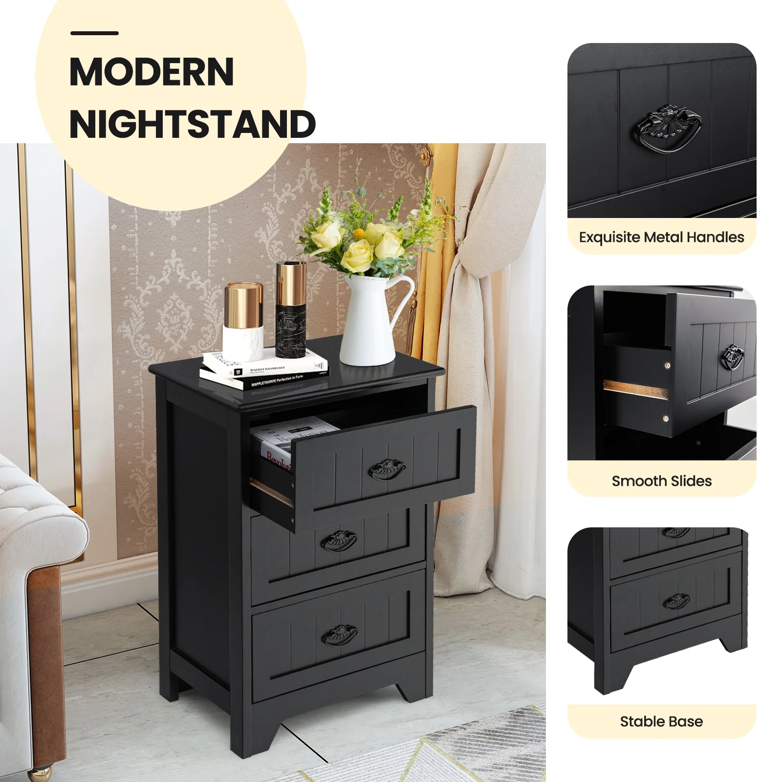 3 Drawer End Storage Wood Nightstand, Black - Image 9