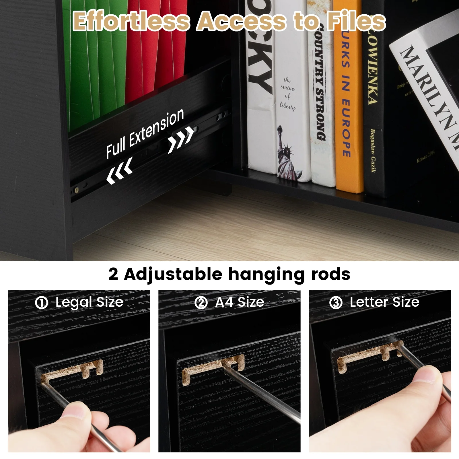 3-Drawer File Cabinet, Adjustable Shelf, Wheels, Letter Size, Black - Image 10