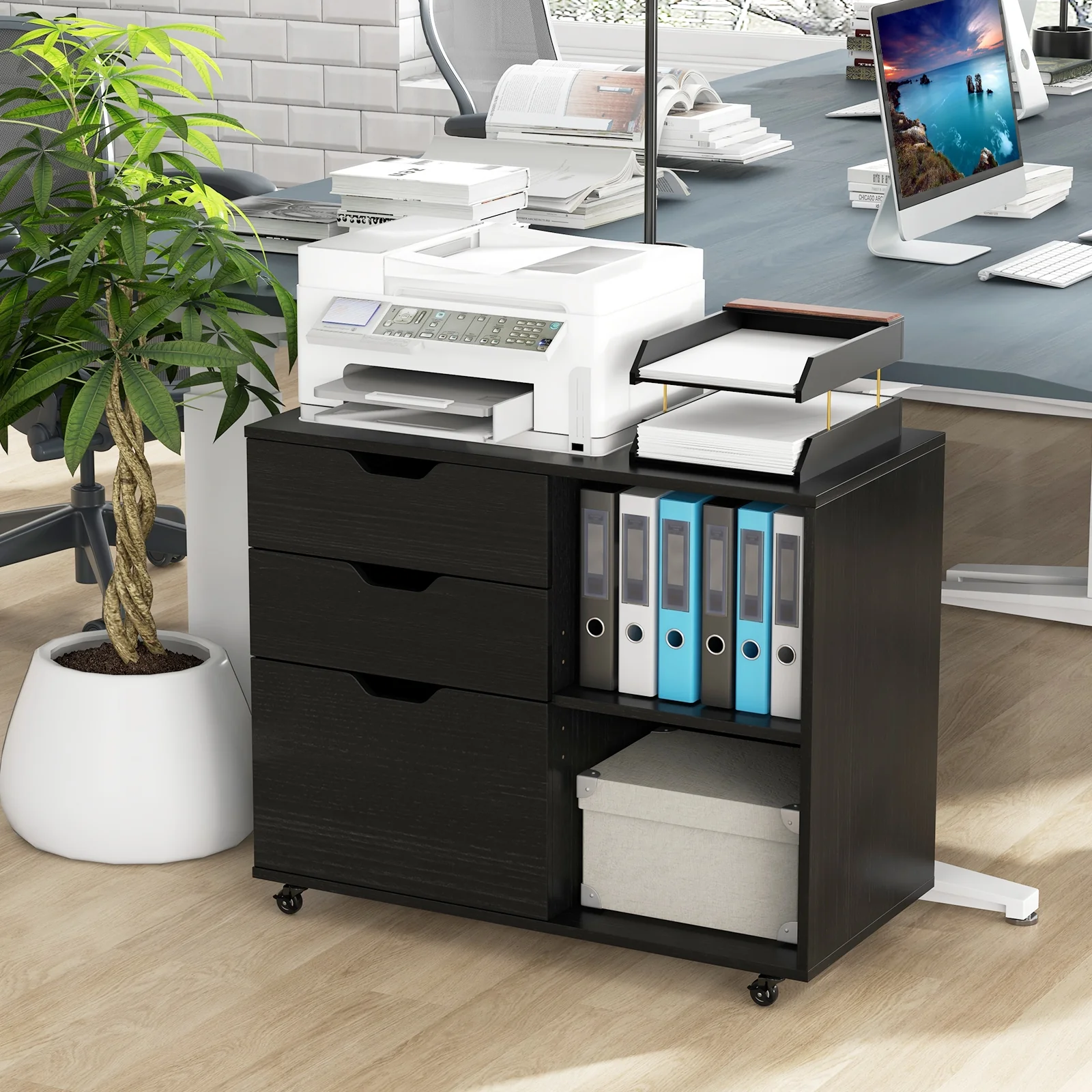 3-Drawer File Cabinet, Adjustable Shelf, Wheels, Letter Size, Black - Image 2