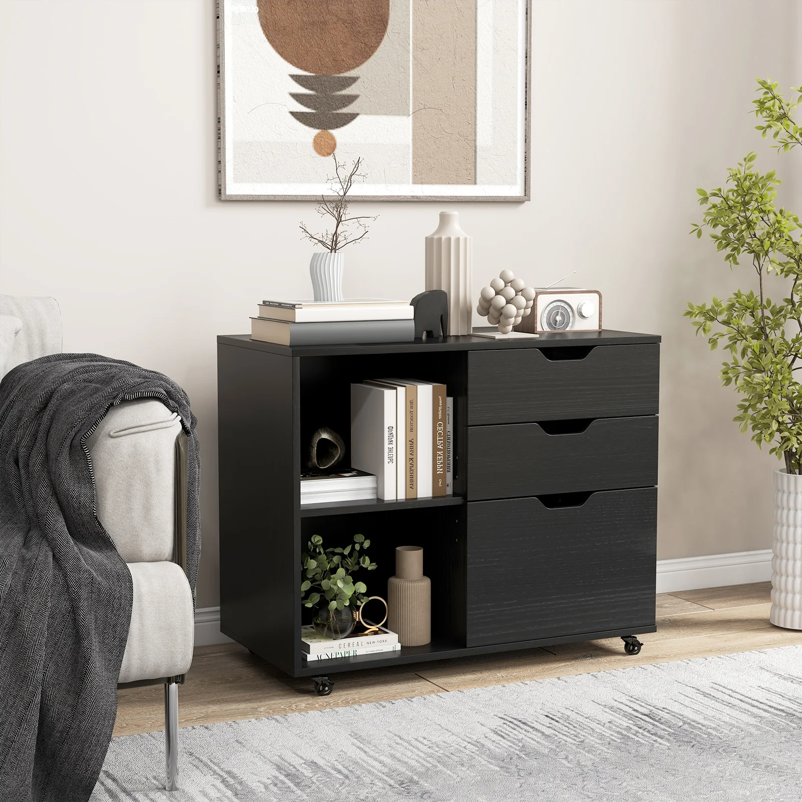 3-Drawer File Cabinet, Adjustable Shelf, Wheels, Letter Size, Black - Image 3