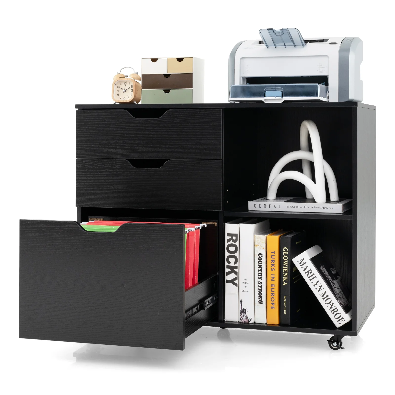 3-Drawer File Cabinet, Adjustable Shelf, Wheels, Letter Size, Black - Image 5