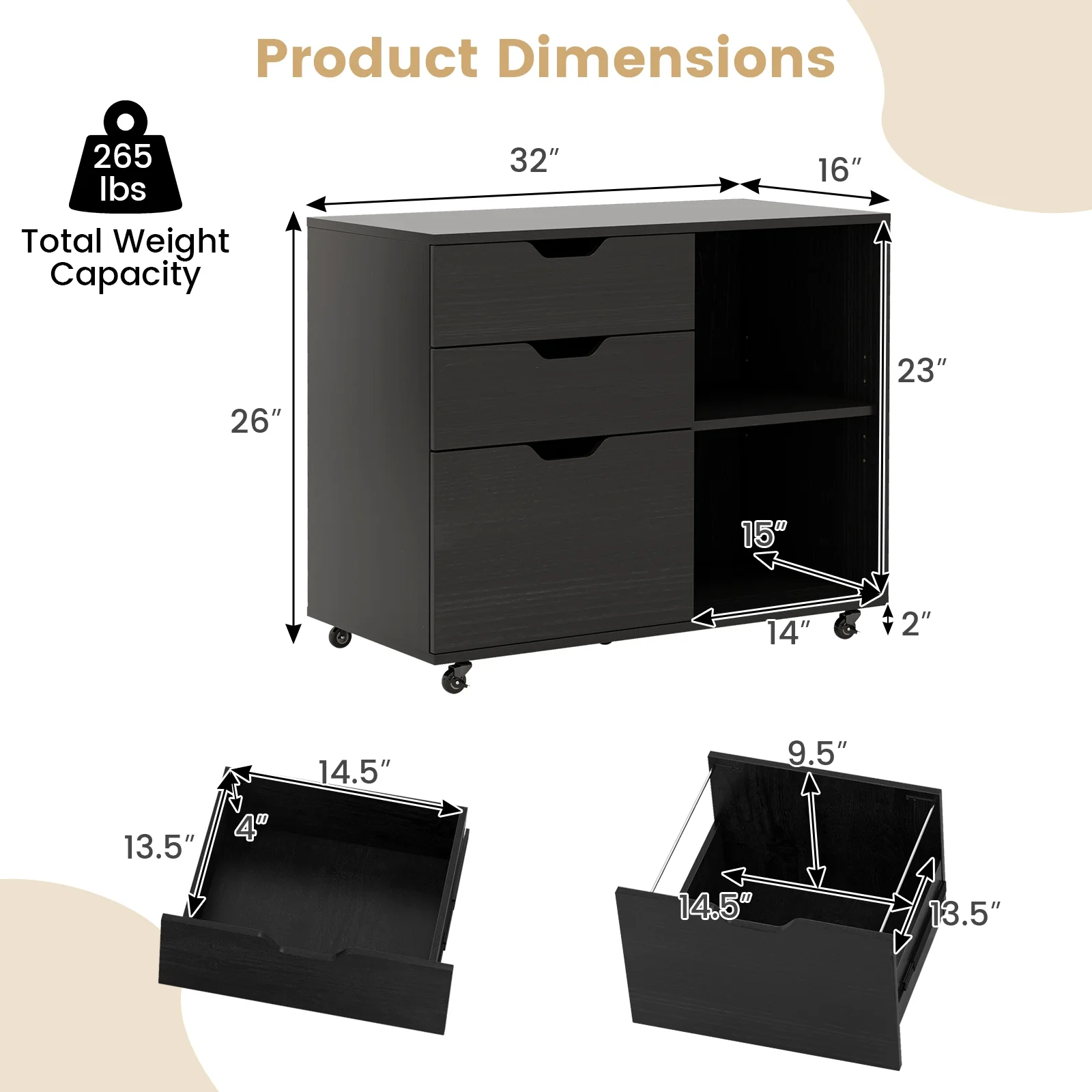 3-Drawer File Cabinet, Adjustable Shelf, Wheels, Letter Size, Black - Image 6