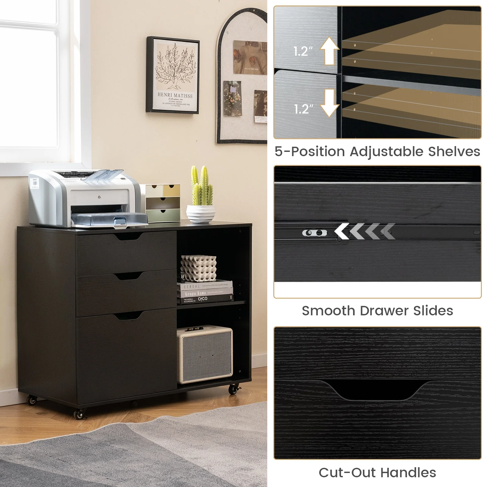 3-Drawer File Cabinet, Adjustable Shelf, Wheels, Letter Size, Black - Image 8