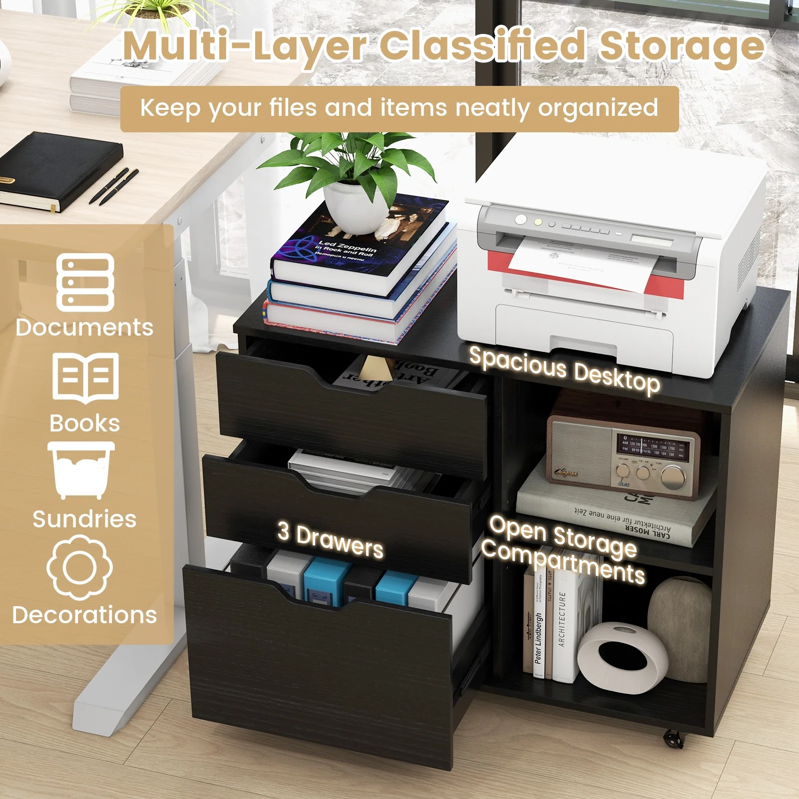 3-Drawer File Cabinet, Adjustable Shelf, Wheels, Letter Size, Black - Image 9