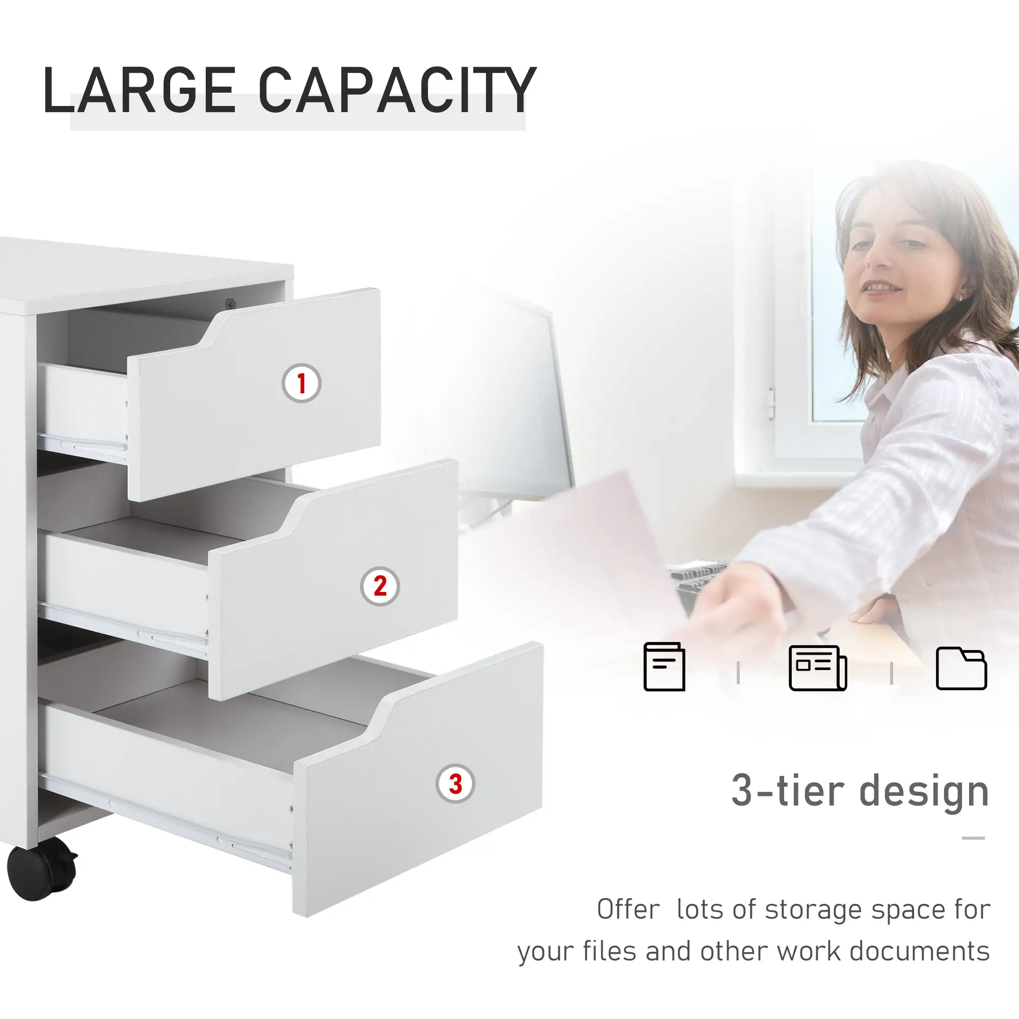 3 Drawer File Cabinet, Mobile Vertical Filing Cabinet with Wheels, White - Image 5