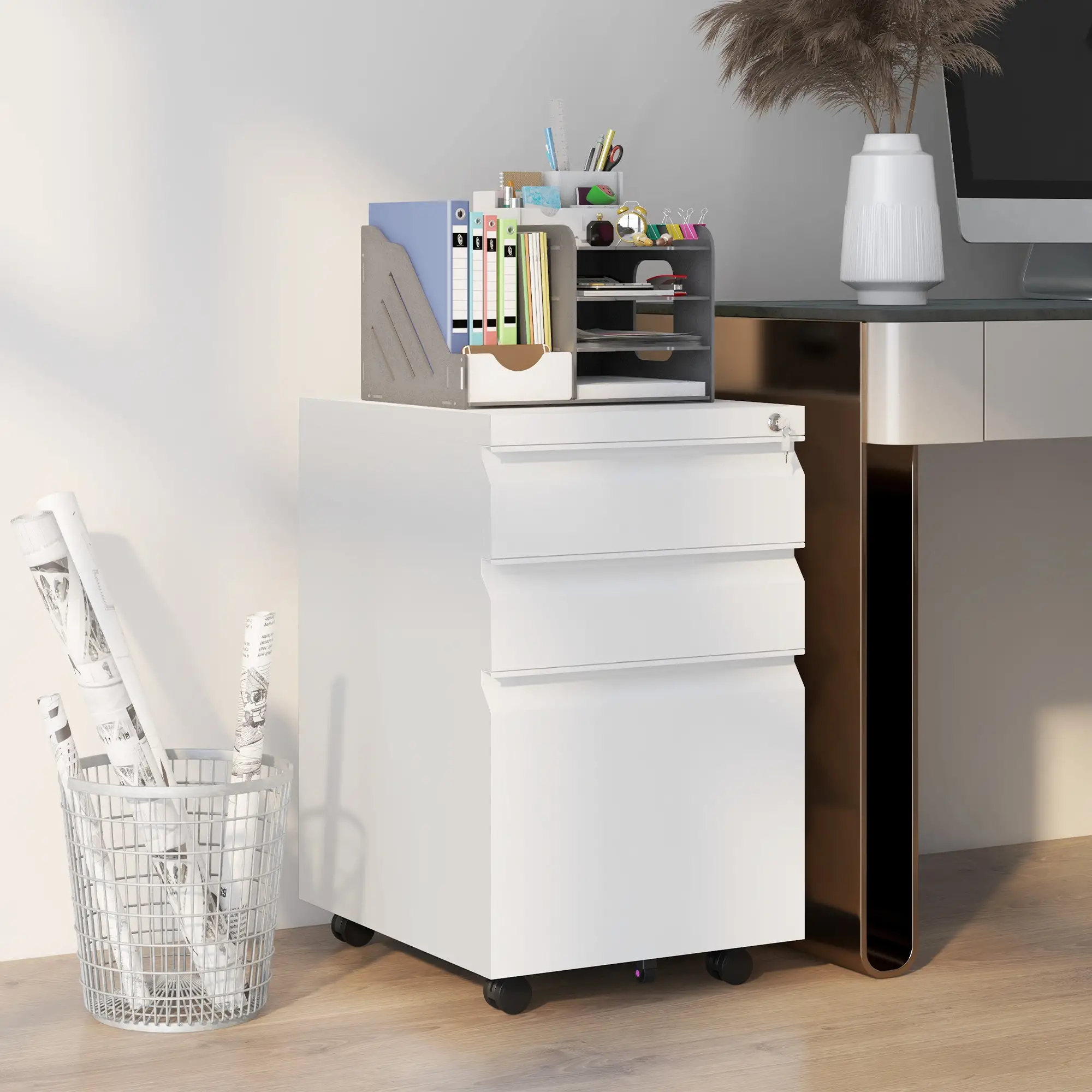 3 Drawer File Cabinet with Lock, Steel, 5 Wheels, Hanging Bar, White - Image 2