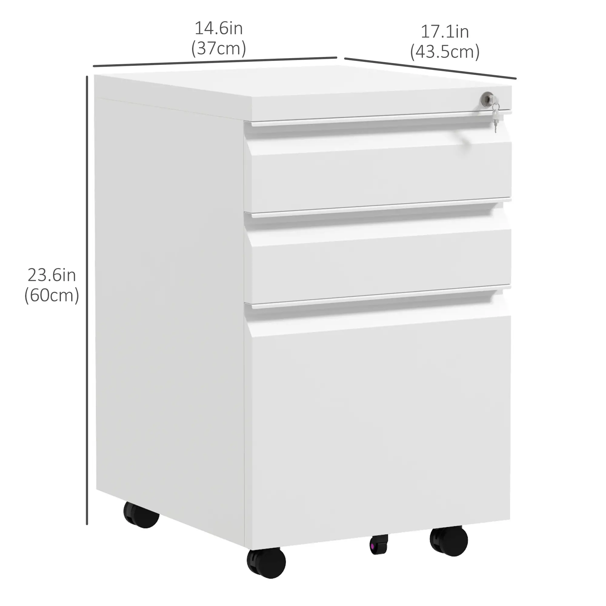3 Drawer File Cabinet with Lock, Steel, 5 Wheels, Hanging Bar, White - Image 3