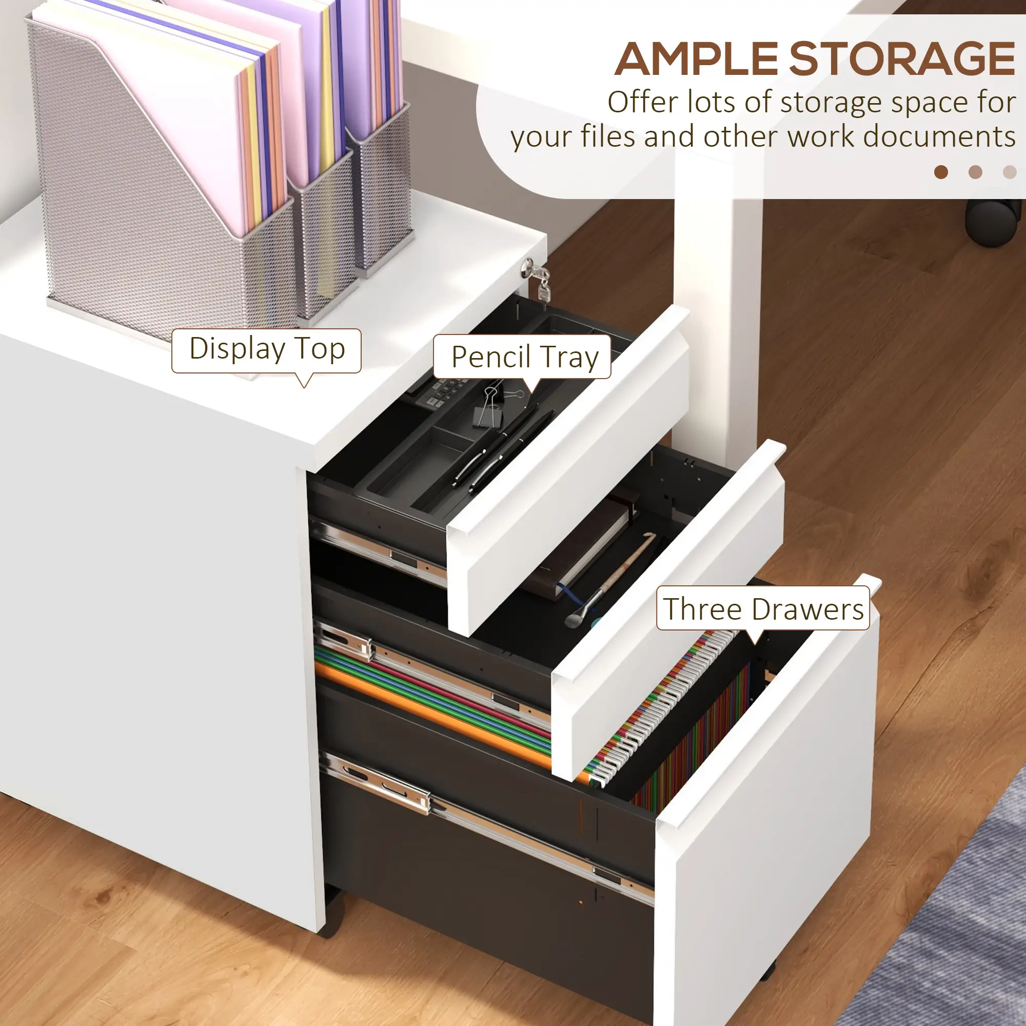 3 Drawer File Cabinet with Lock, Steel, 5 Wheels, Hanging Bar, White - Image 4