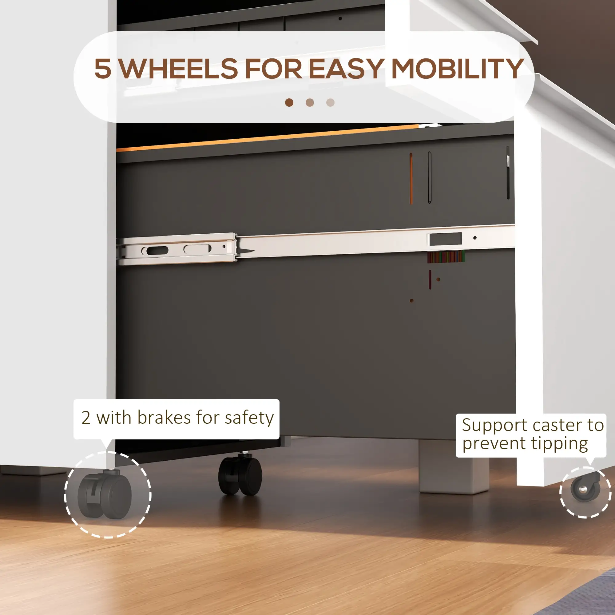 3 Drawer File Cabinet with Lock, Steel, 5 Wheels, Hanging Bar, White - Image 7