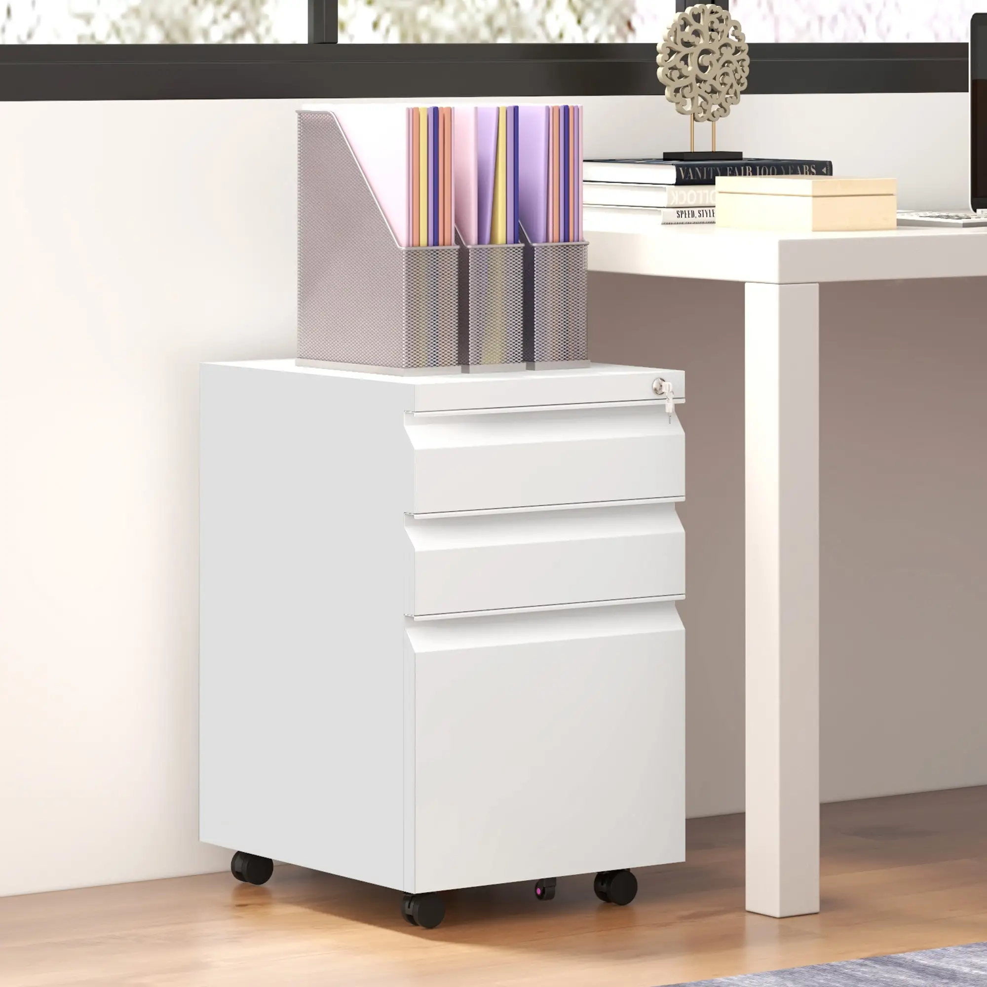 3 Drawer File Cabinet with Lock, Steel, 5 Wheels, Hanging Bar, White - Image 8