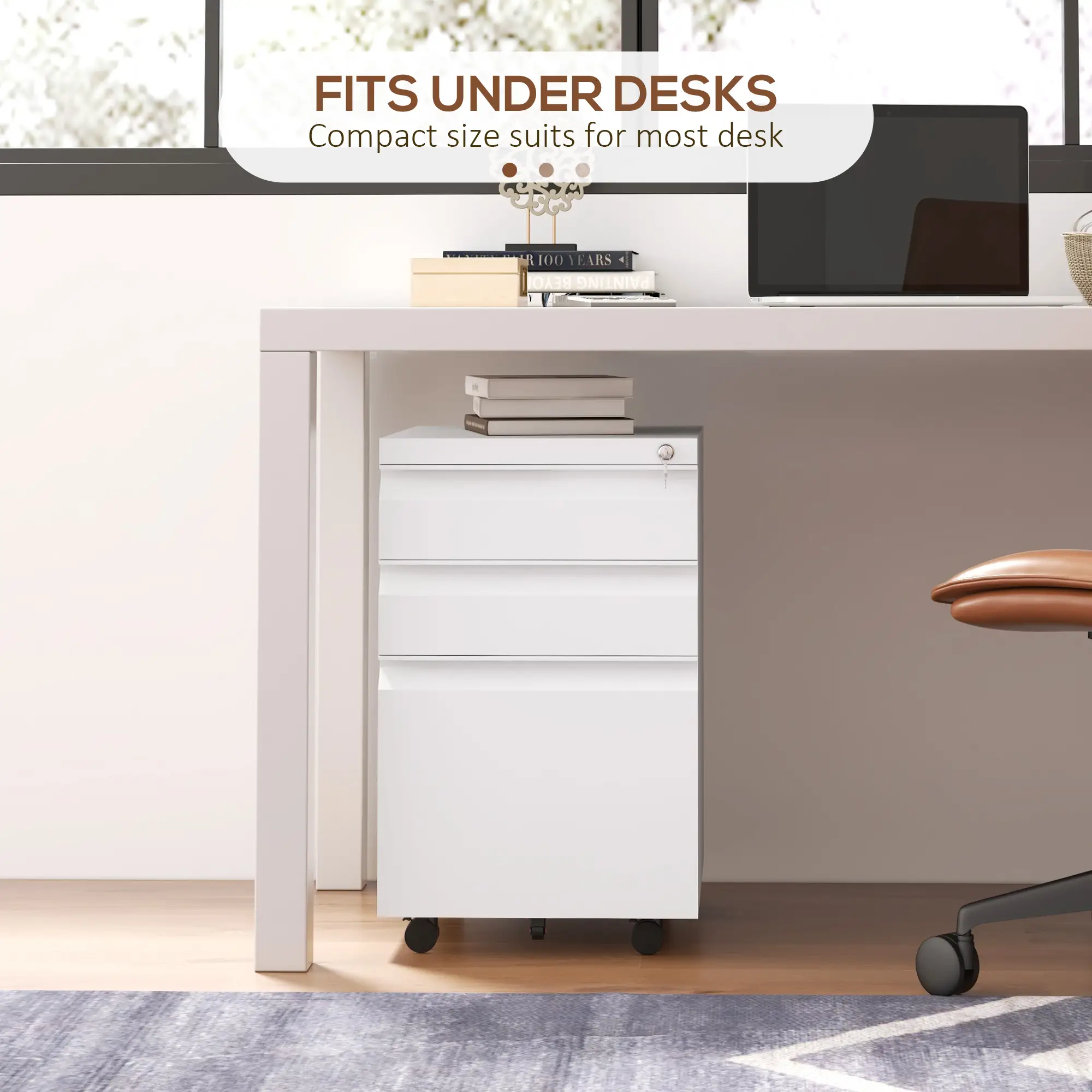 3 Drawer File Cabinet with Lock, Steel, 5 Wheels, Hanging Bar, White - Image 9